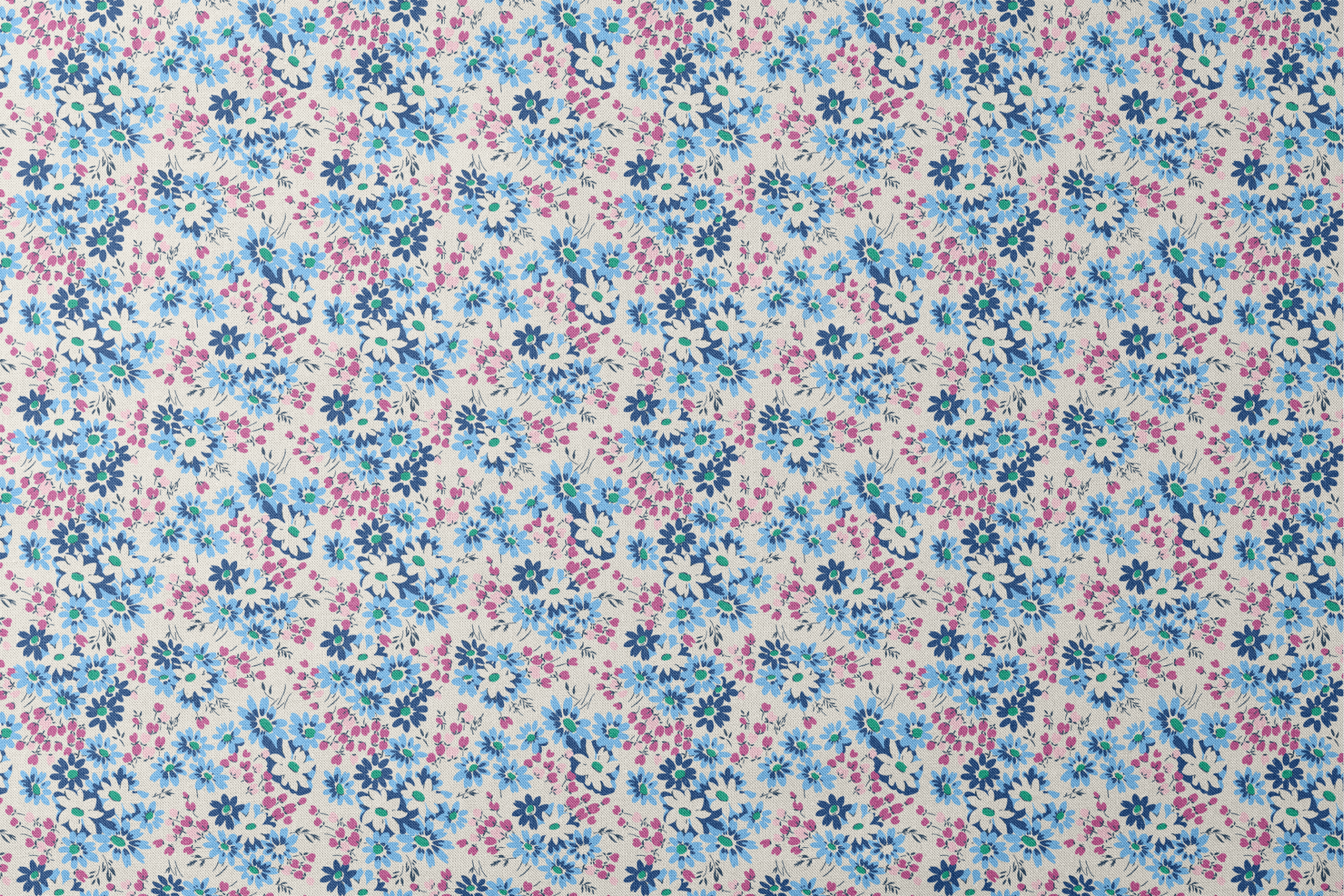 Floral pattern with blue, navy, and white daisies alongside small magenta berries on cream background designs flat mockup