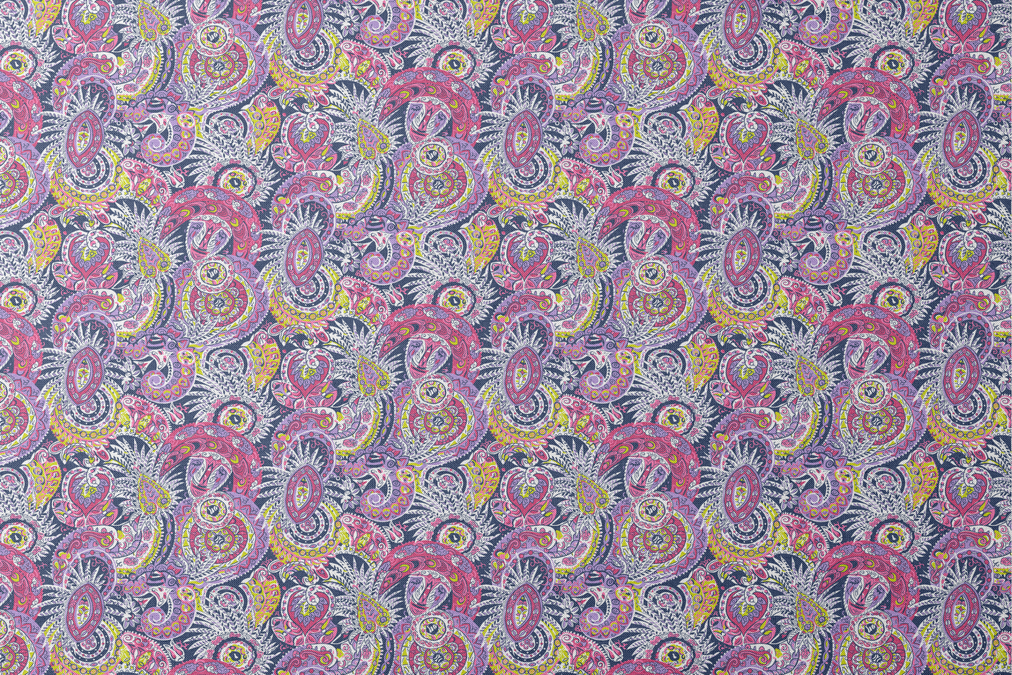Vibrant paisley pattern in pink, purple, yellow, and blue with intricate swirling designs designs flat mockup