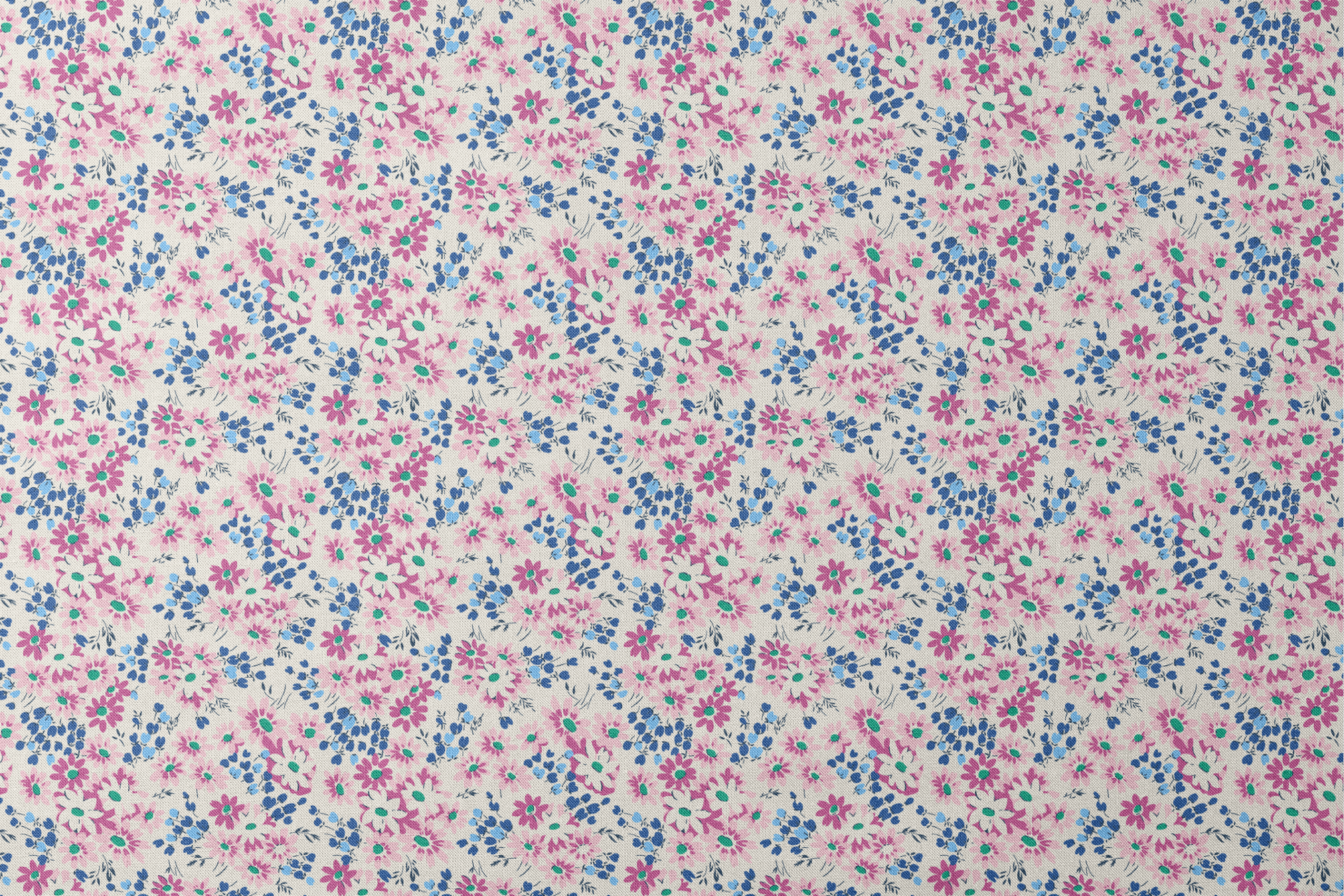 Colorful floral pattern with pink and magenta daisies, blue berries, and green accents on cream background designs flat mockup