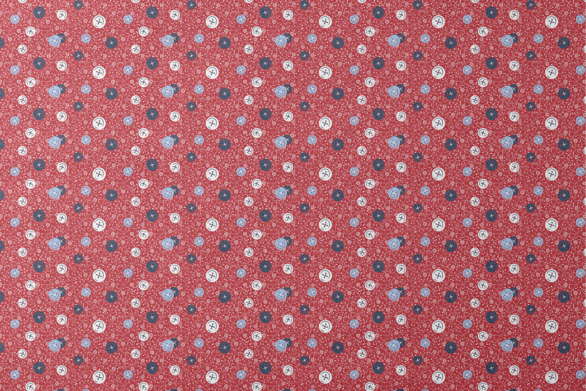 Red background with small white floral pattern featuring scattered button designs in blue, white, and navy cross details designs flat mockup