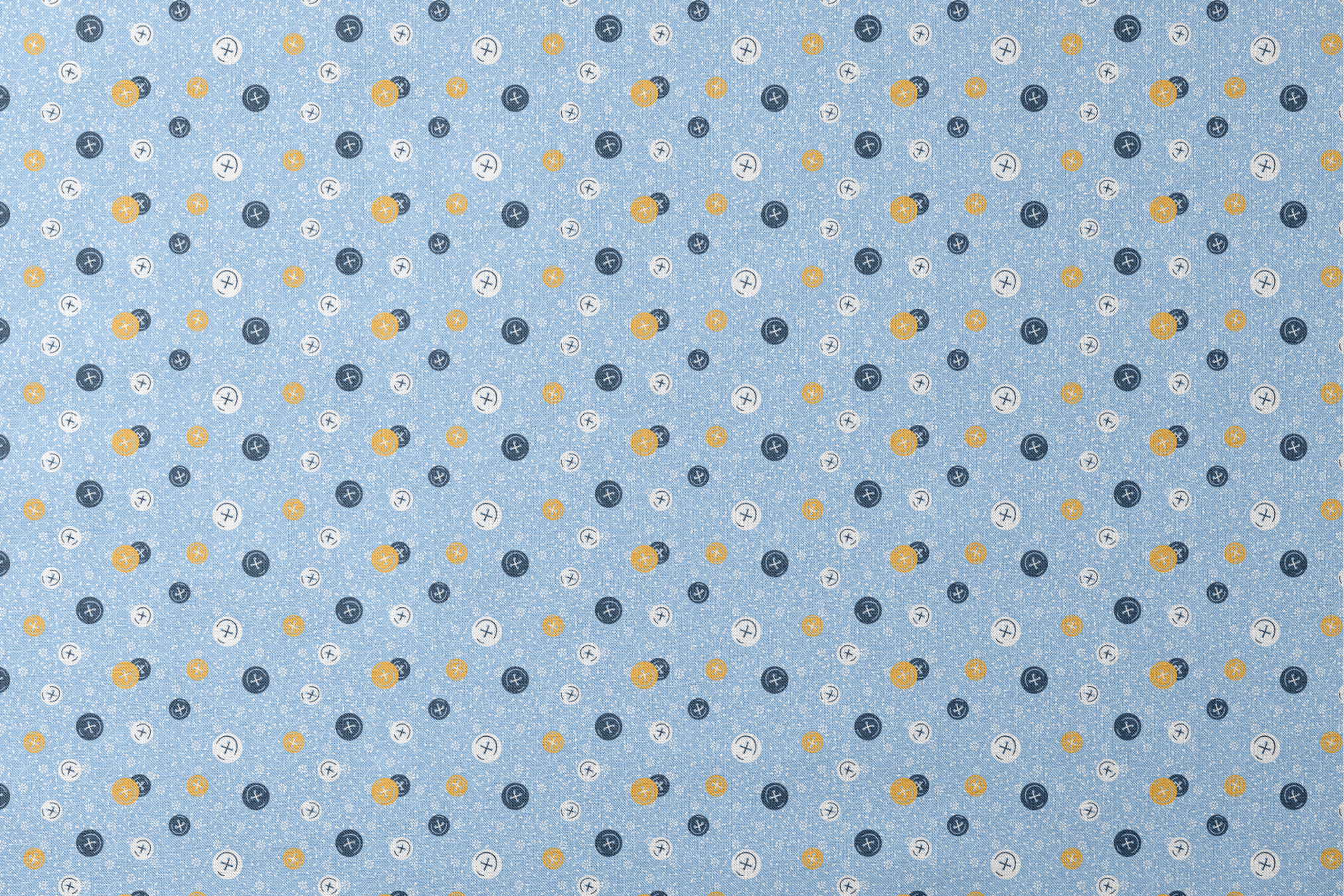 Blue background with scattered circular buttons in white, navy, and gold, each featuring cross designs, on a floral pattern. designs flat mockup