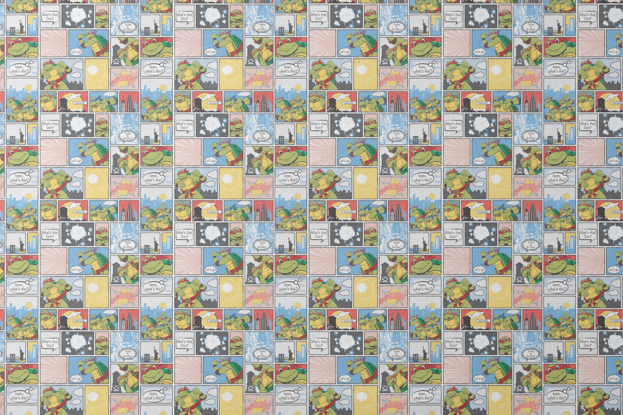 Comic-style grid featuring Teenage Mutant Ninja Turtles with speech bubbles, action scenes, and colorful panels designs flat mockup