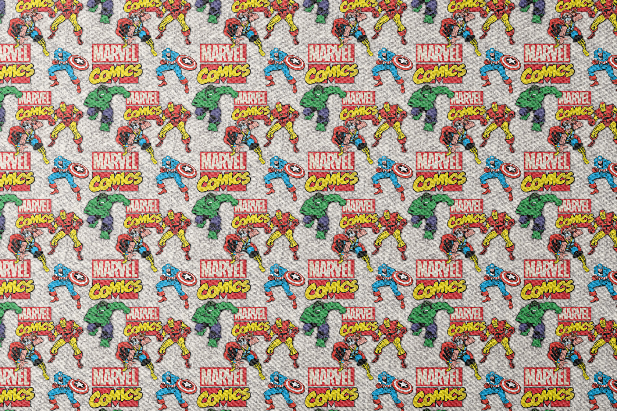 Marvel Comics collage pattern featuring iconic superheroes in action poses against comic book page background designs flat mockup