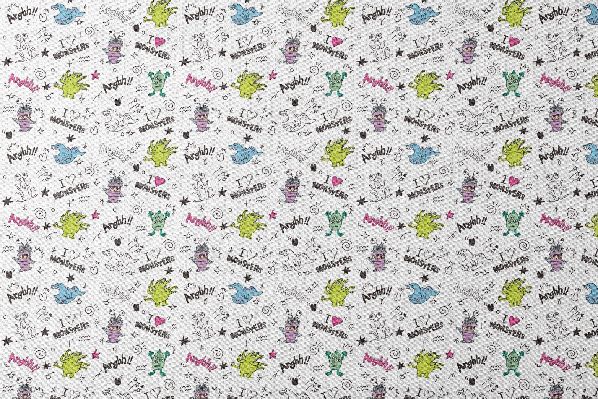 Colorful cartoon monster doodles with "I ♥ MONSTERS" and "Arghh!!" text in playful pattern style designs flat mockup