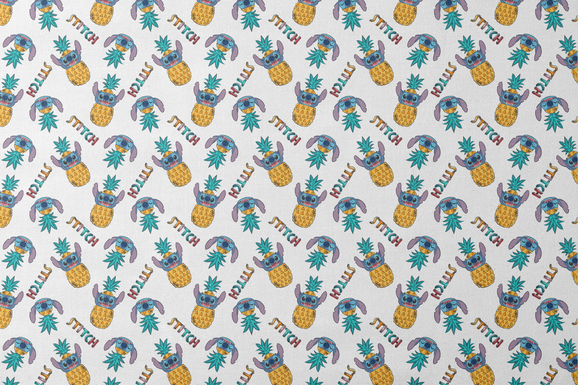 Colorful pattern of cartoon blue creatures with long ears inside pineapples, with "Stitch" text designs flat mockup