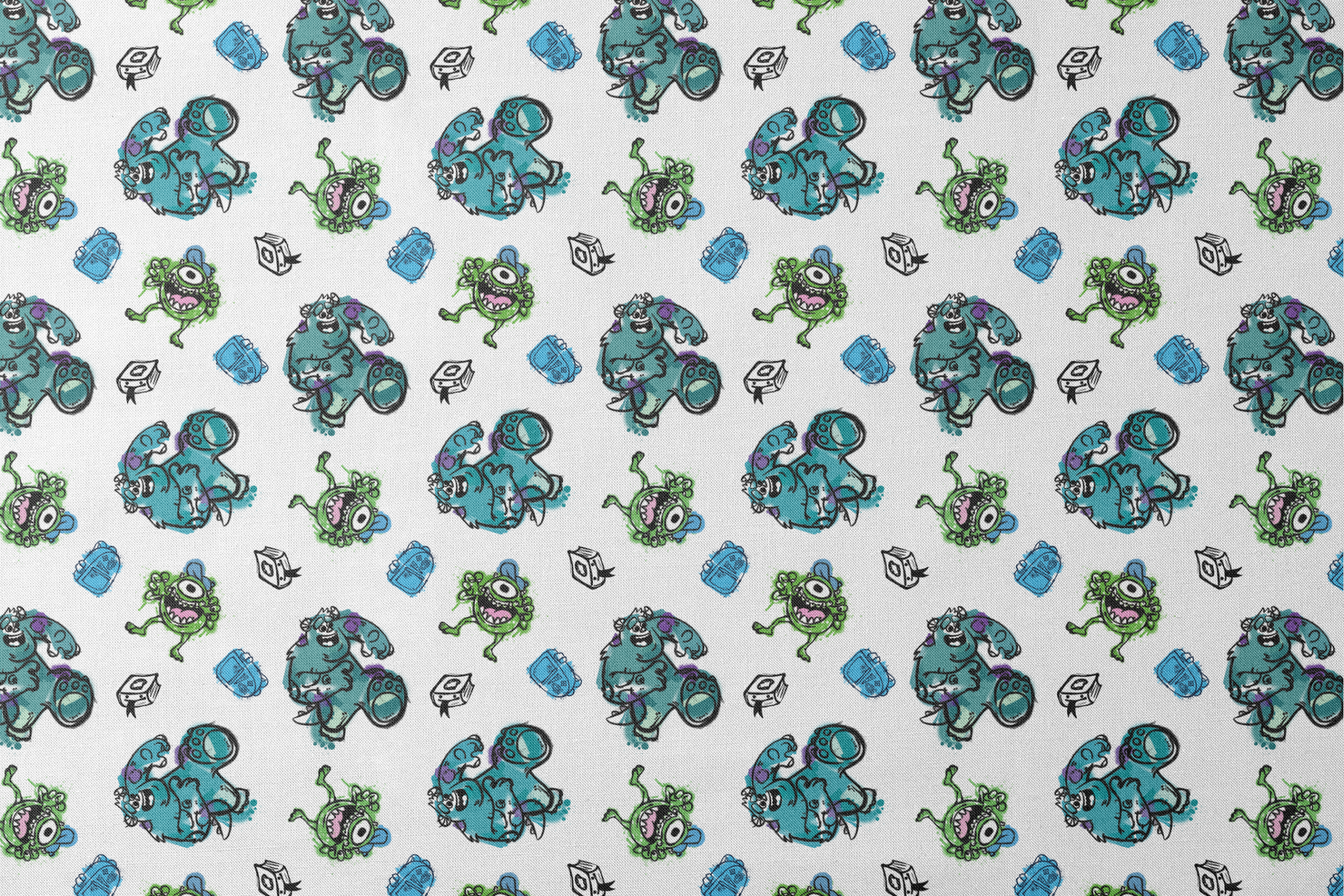 Colorful Monsters Inc pattern with turquoise, green creatures and small boxes on white background designs flat mockup
