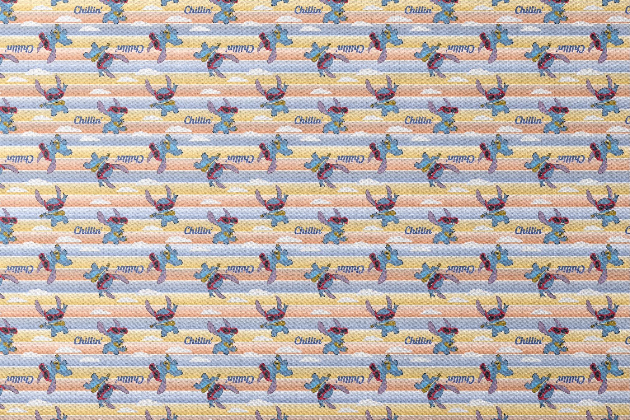 Stitch cartoon character pattern on striped yellow and blue background with "Chillin'" text designs flat mockup
