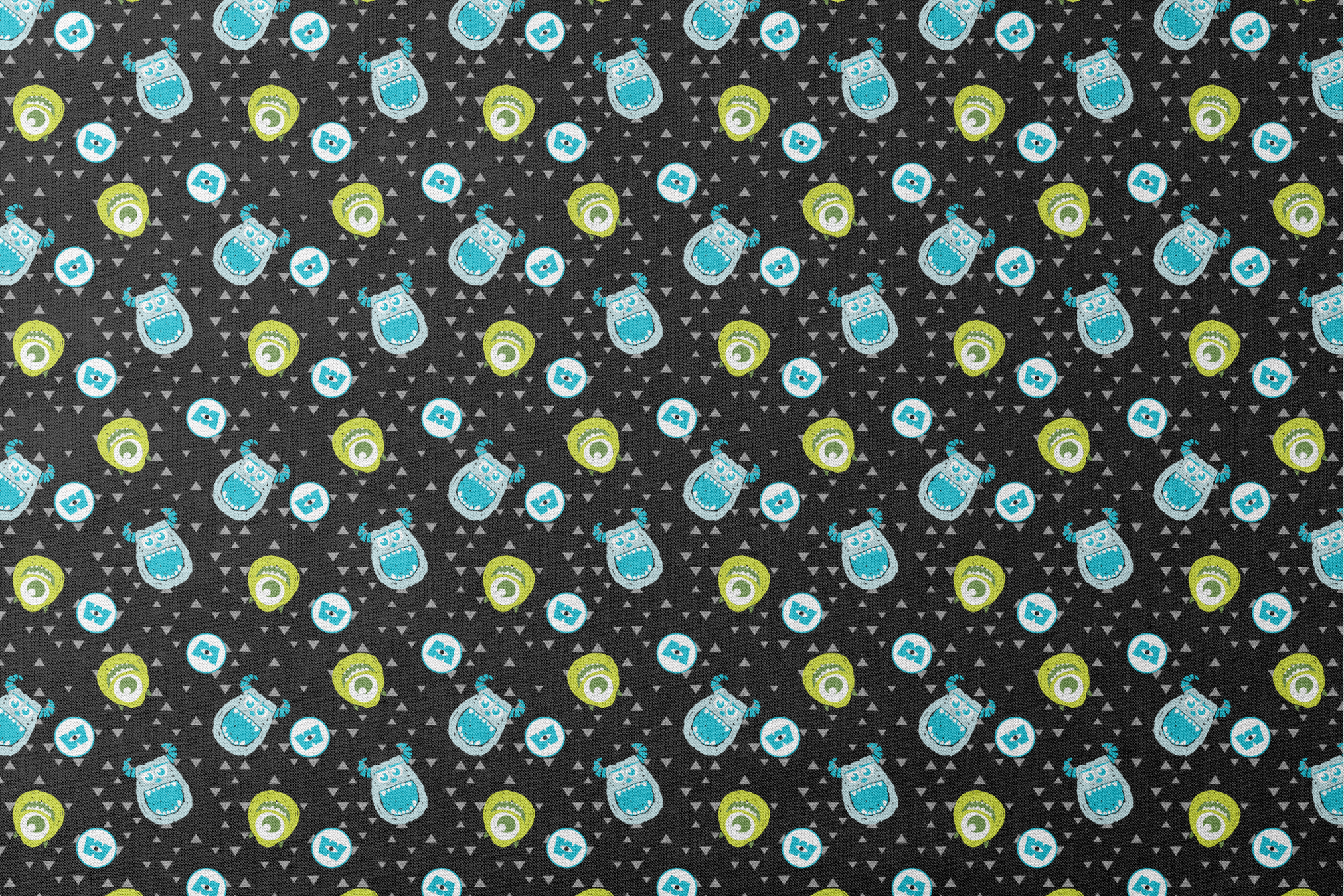 Monsters Inc pattern with Mike and Sulley on black background with gray triangles designs flat mockup