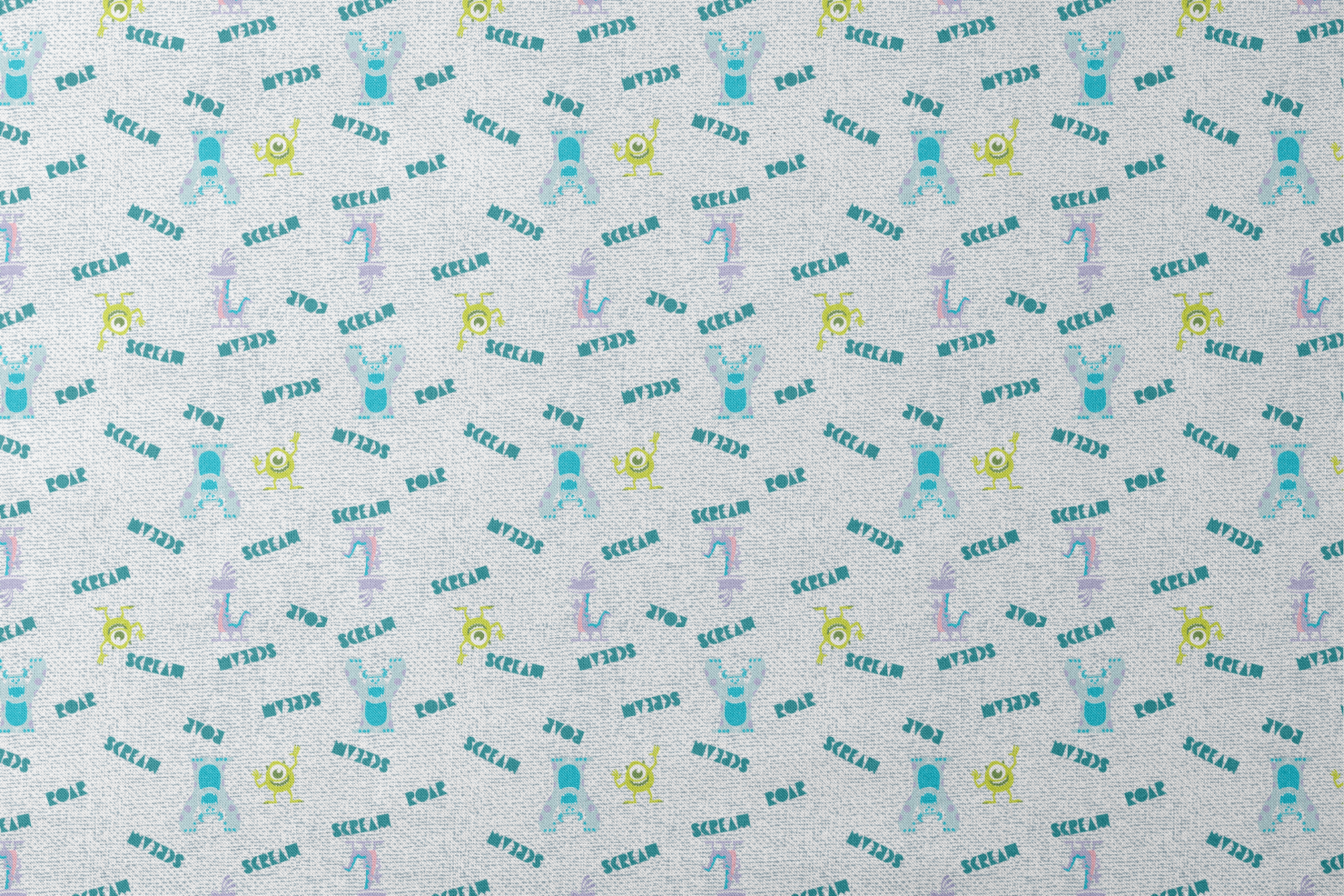 Monsters Inc pattern with teal "SCREAM" text, Mike Wazowski and Sulley on light textured background designs flat mockup