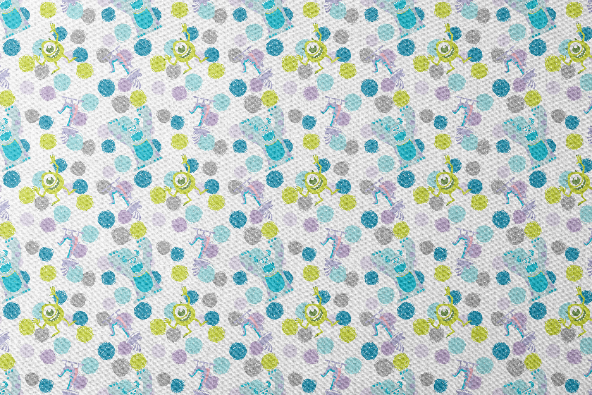 Colorful pattern featuring cartoon monsters with polka dots in blue, green, and purple on white background designs flat mockup