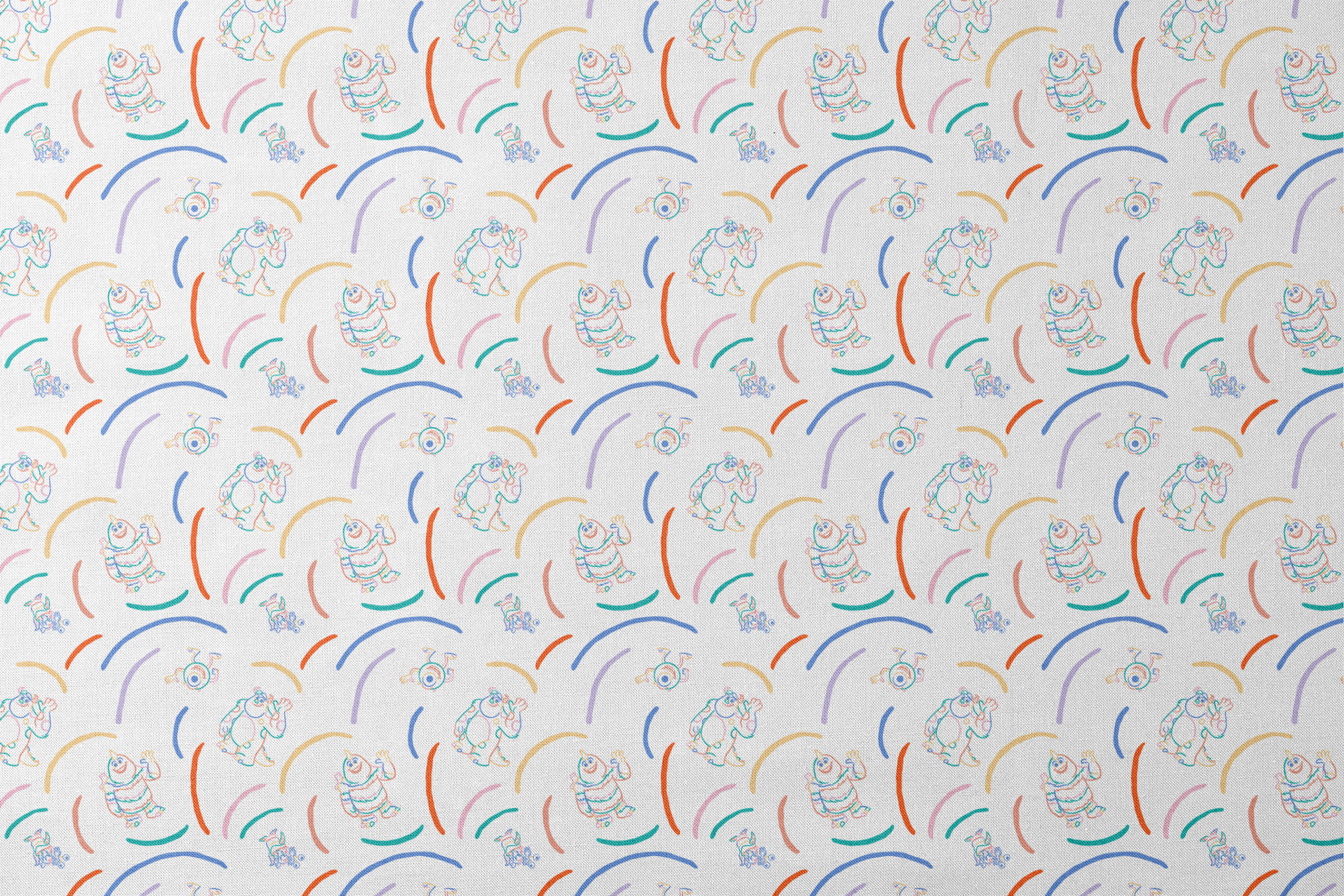 Colorful line drawing pattern with Monsters Inc characters  surrounded by curved arcs in rainbow colors designs flat mockup