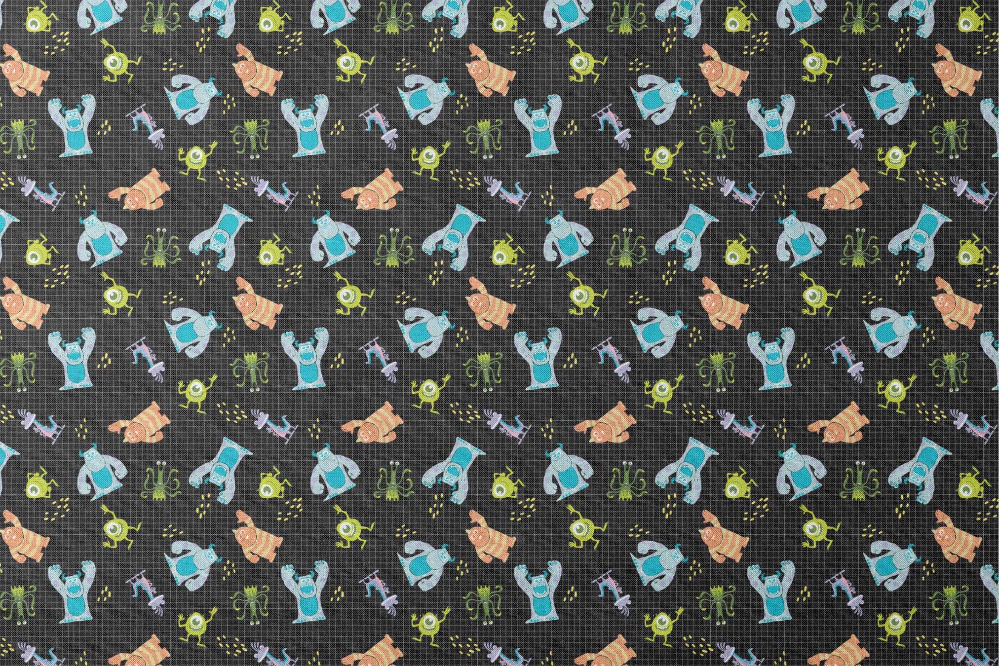 Monsters Inc pattern with Sulley, Mike, & friends on black grid background designs flat mockup