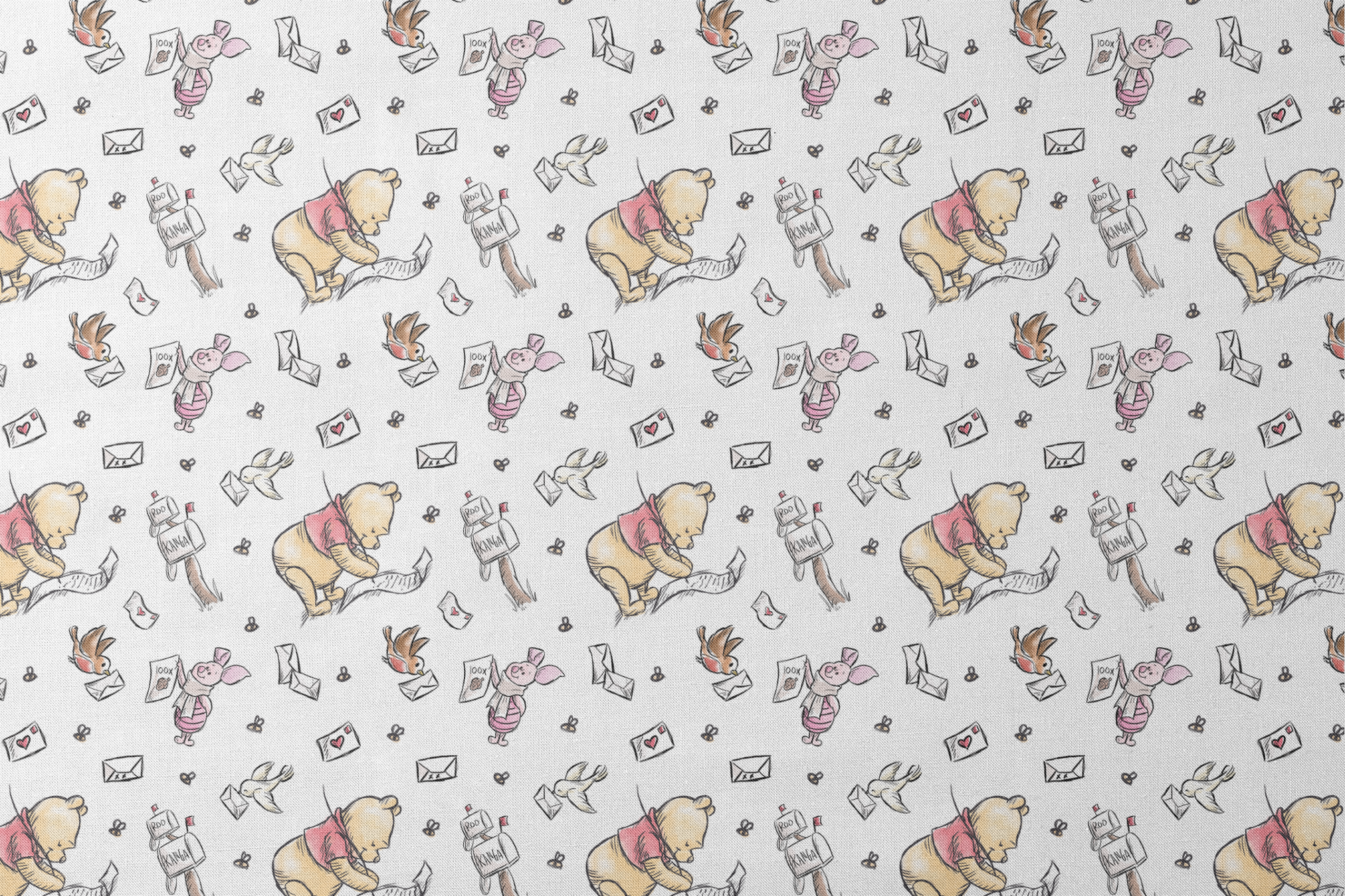 Winnie the Pooh characters with flying letters and envelopes on white background, whimsical illustration style designs flat mockup