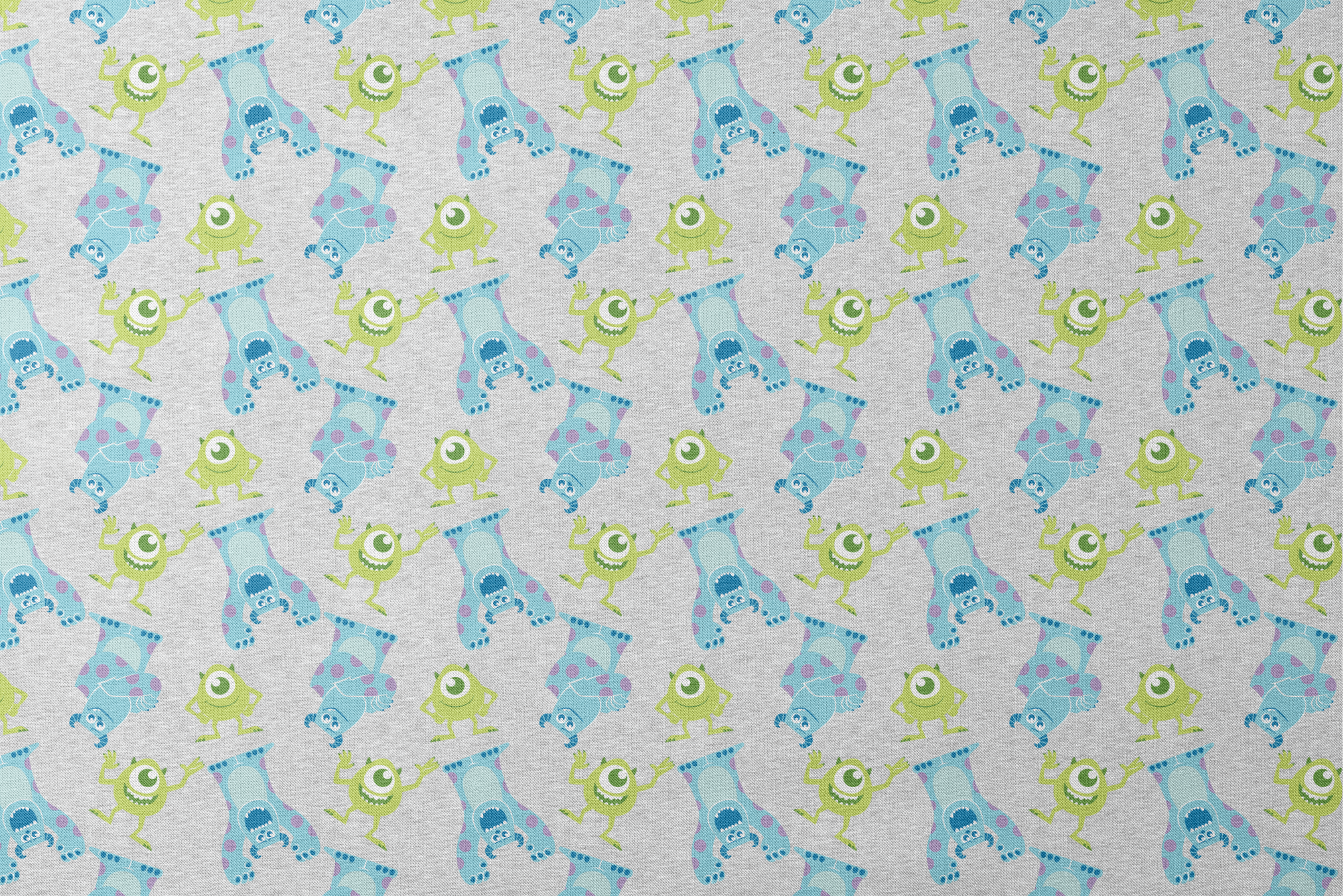 Cartoon pattern of Monsters Inc characters on light gray background designs flat mockup