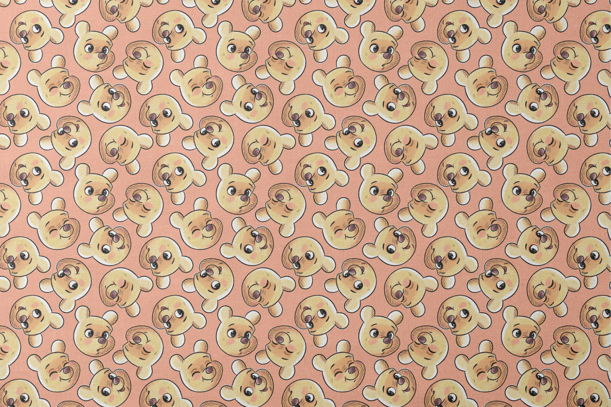 Cartoon teddy bear faces with cute expressions on peach background in repeating pattern designs flat mockup