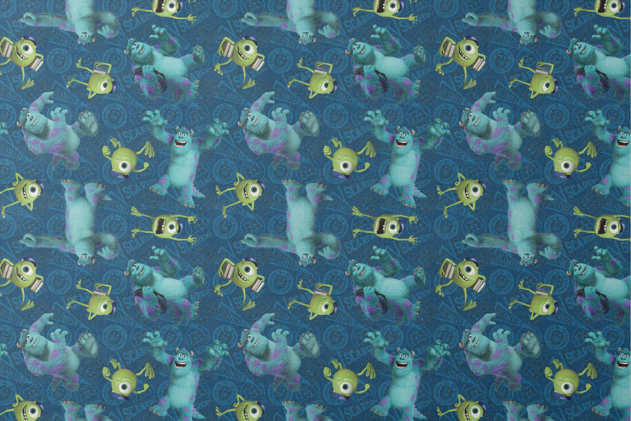 Monsters Inc characters pattern with Mike Wazowski and Sully on blue background designs flat mockup