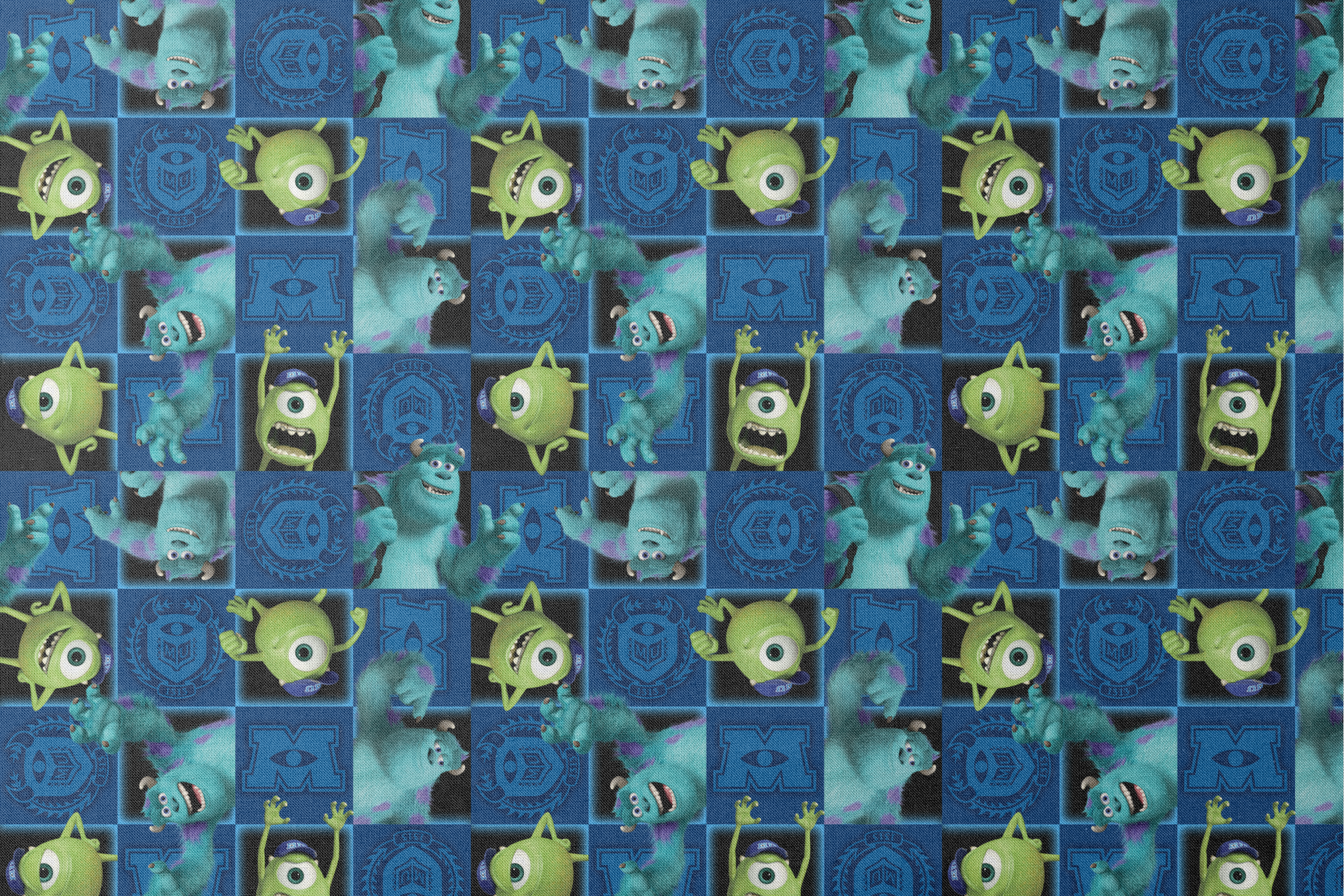 Monsters Inc characters pattern with Mike and Sulley on blue background with logos and emblems designs flat mockup