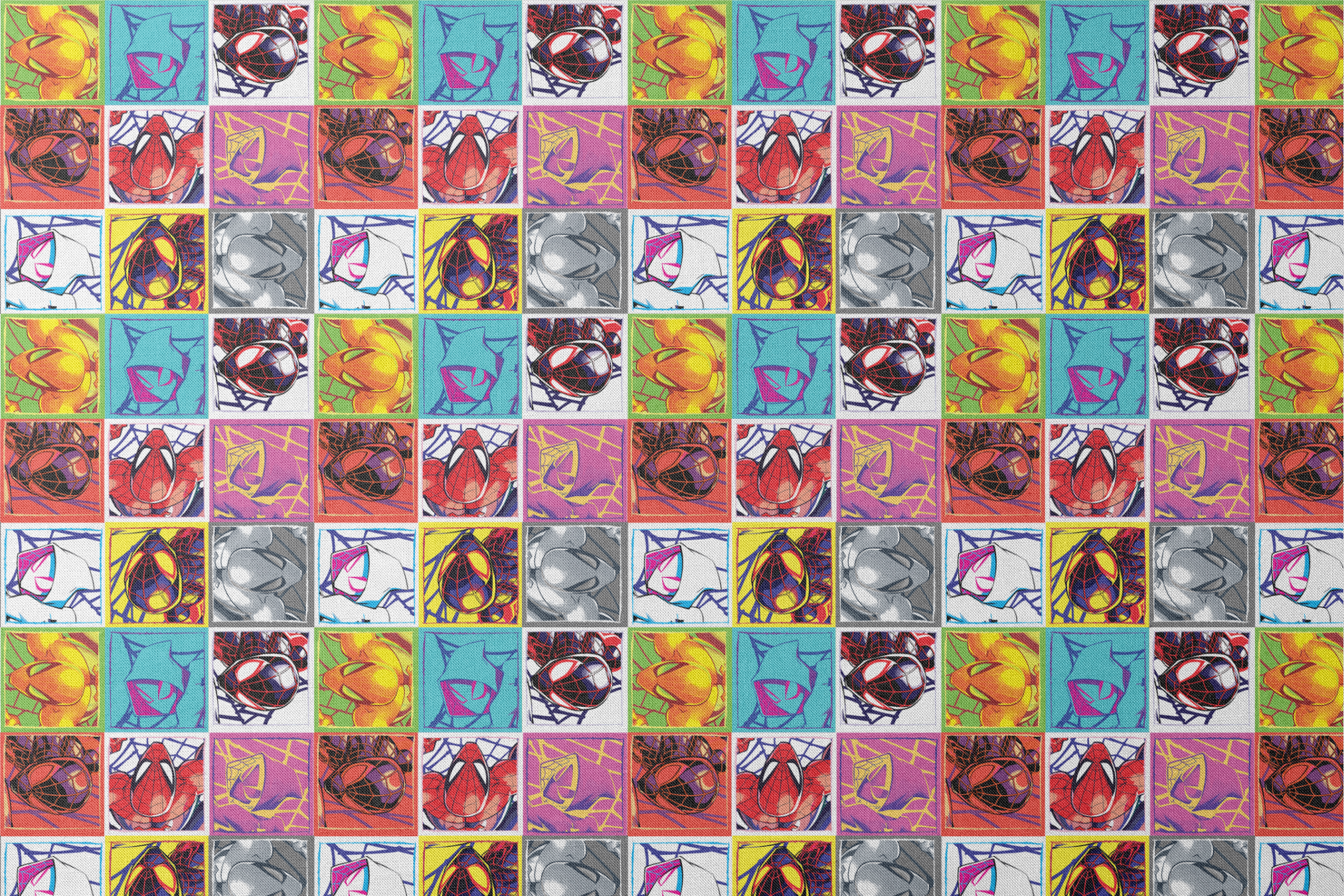 Colorful pop art grid of nine Spiderman designs in vibrant color schemes designs flat mockup