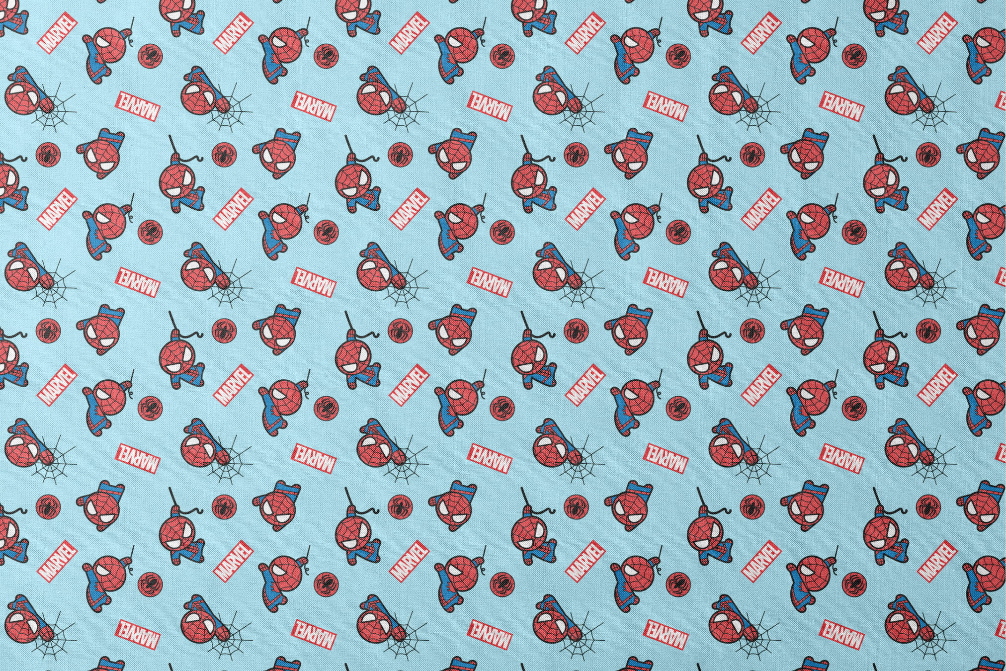 Spider-Man pattern with cartoon character poses, Marvel logos, and spider symbols on light blue background designs flat mockup