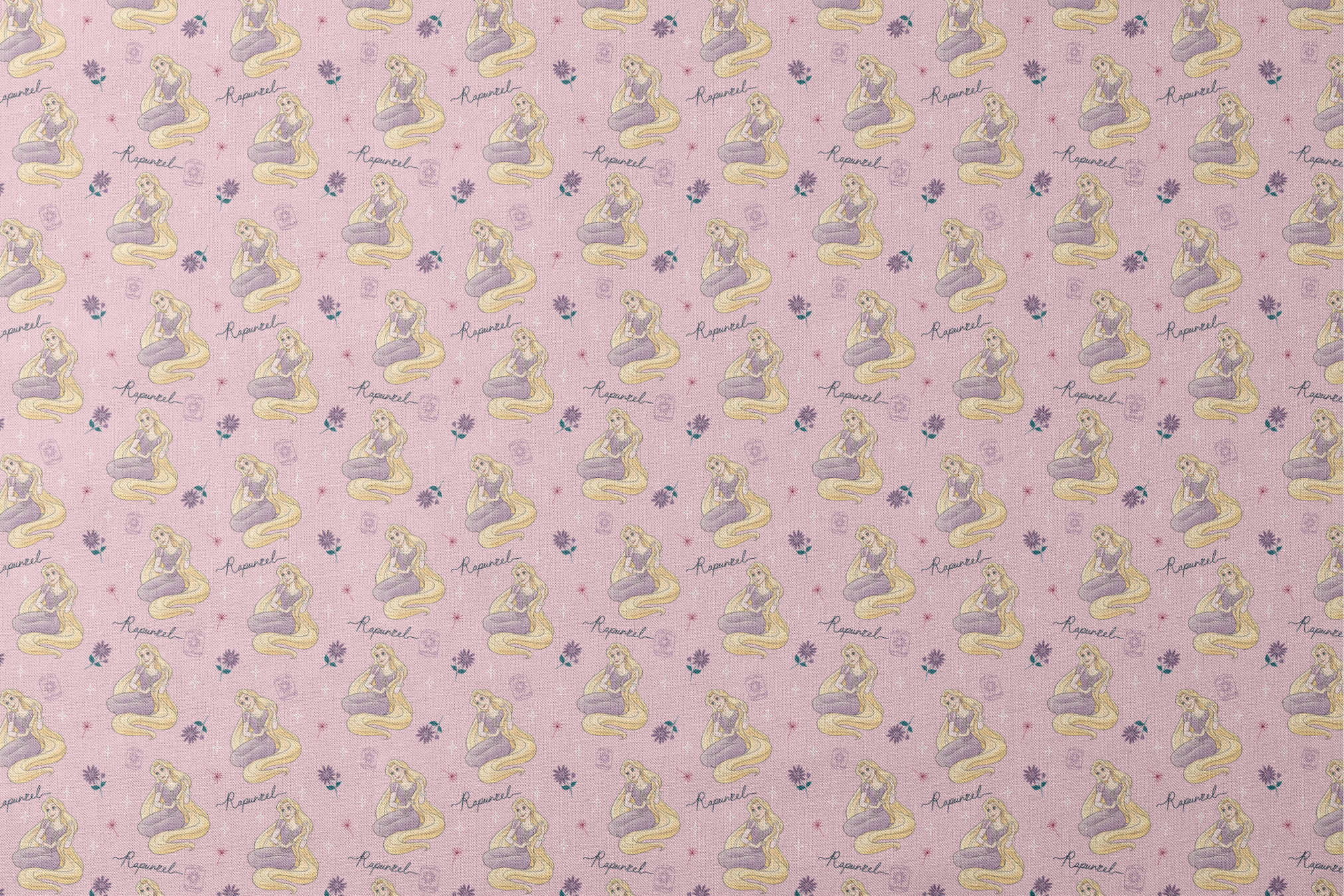 Repeating pattern of blonde character in purple dress with long flowing hair, flowers, and "Rapunzel" text on pink background designs flat mockup