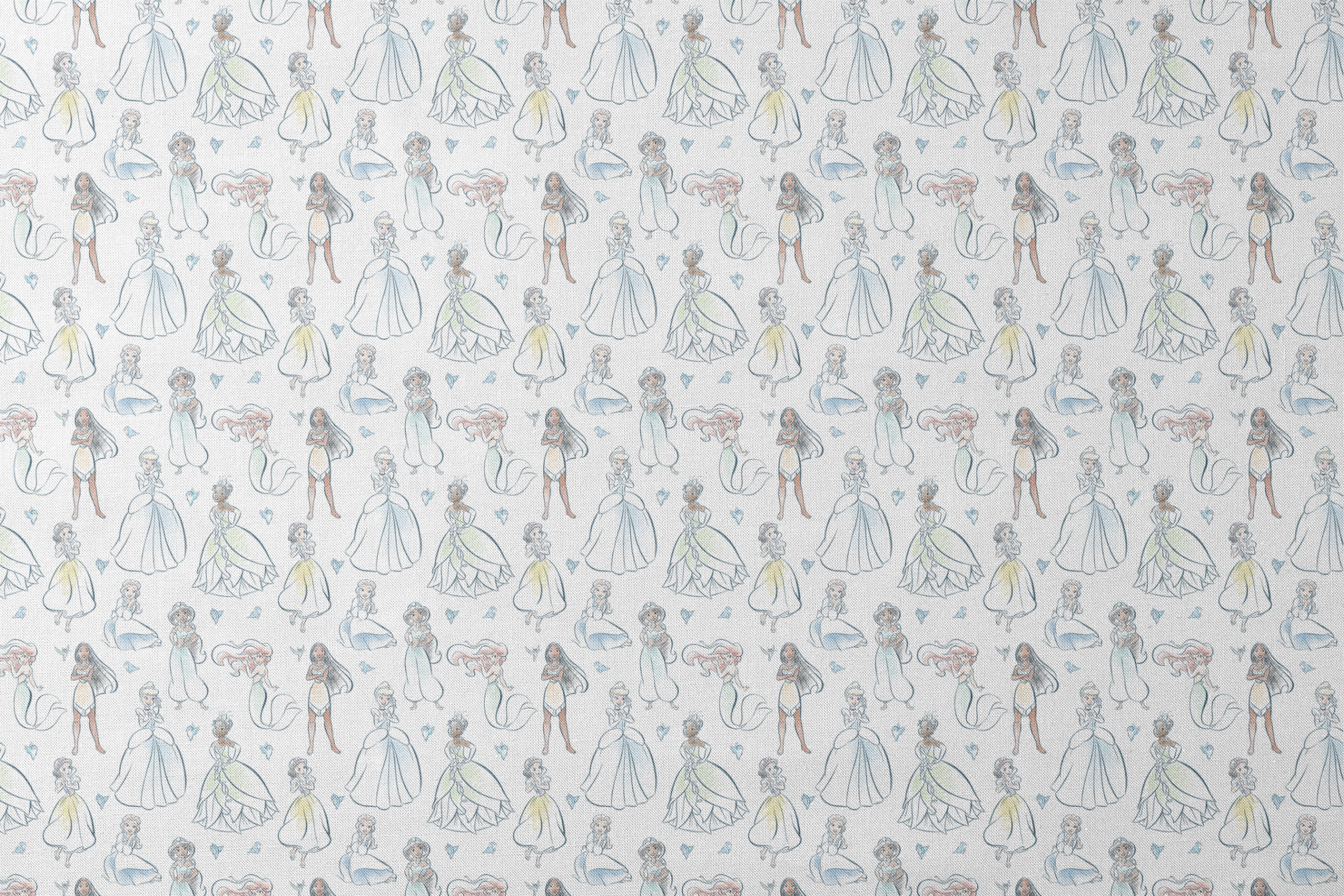 Illustrated pattern of Disney princesses in elegant dresses with sparkles on light background designs flat mockup