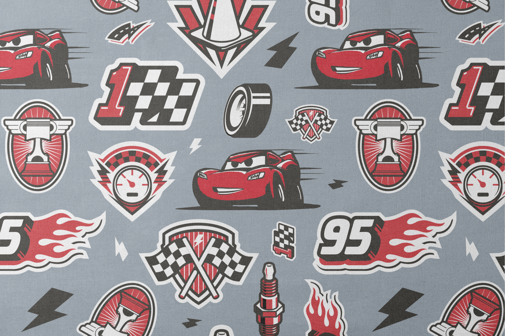 Racing pattern with red cars, checkered flags, speedometers, and racing emblems on gray background designs flat mockup