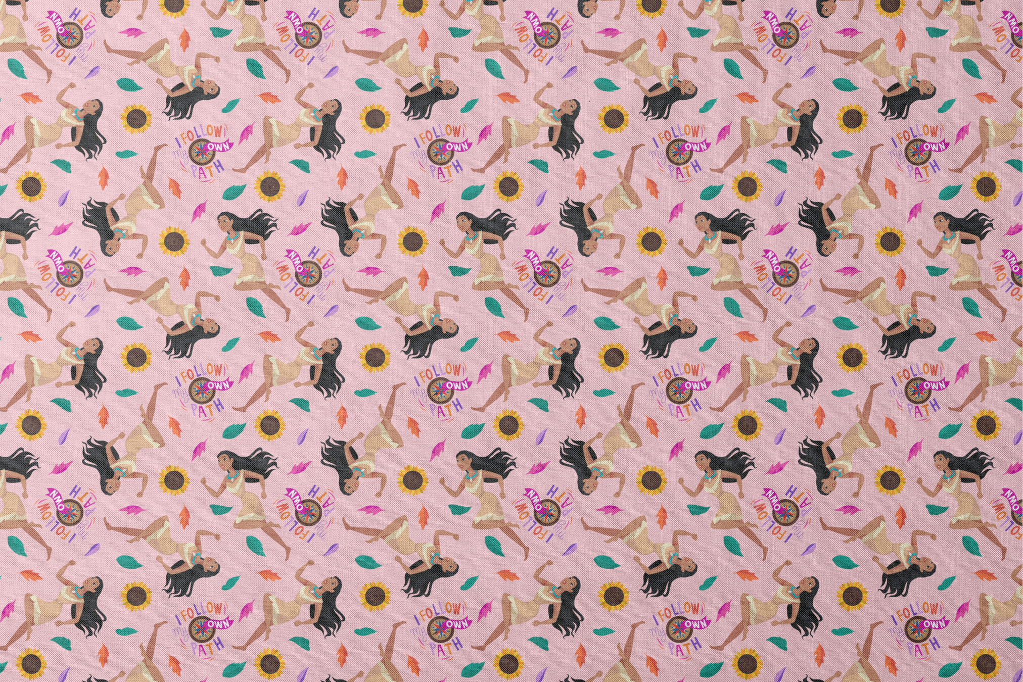 Colorful pattern with figures in relaxed poses, sunflowers, and text "Hi I Follow My Own Path" on pink background designs flat mockup