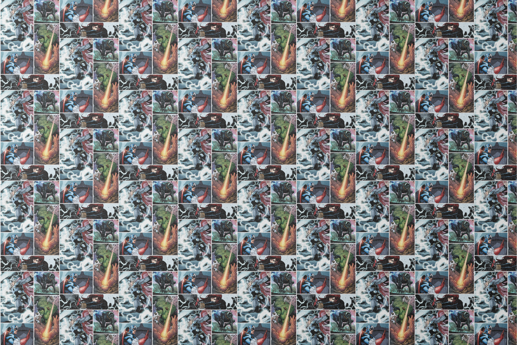 Comic book collage featuring Thor with lightning, Captain America with shield, Hulk, and various Marvel superheroes in action scenes designs flat mockup