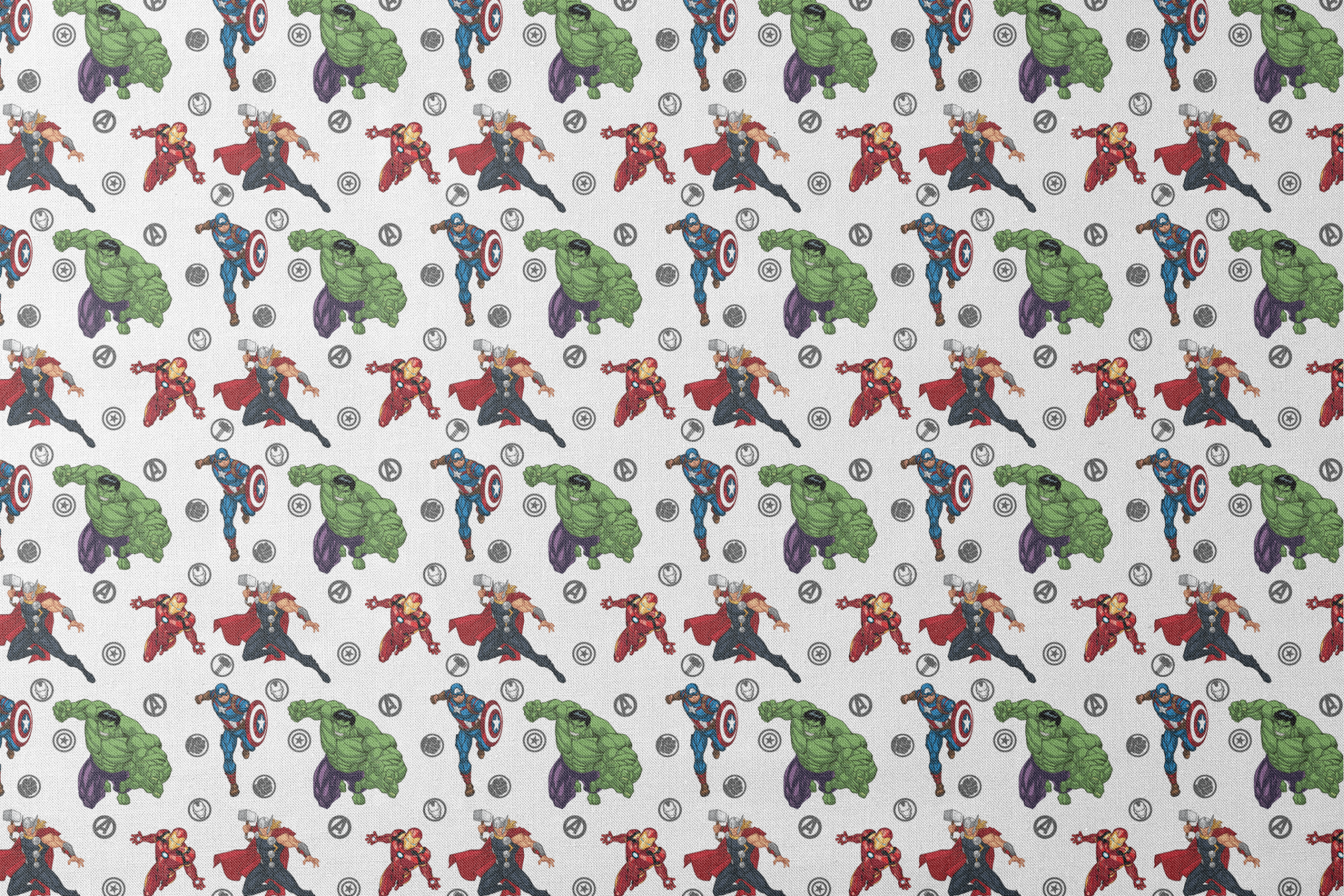 Marvel Avengers characters pattern with Hulk, Thor, Iron Man, and Captain America among superhero logos designs flat mockup