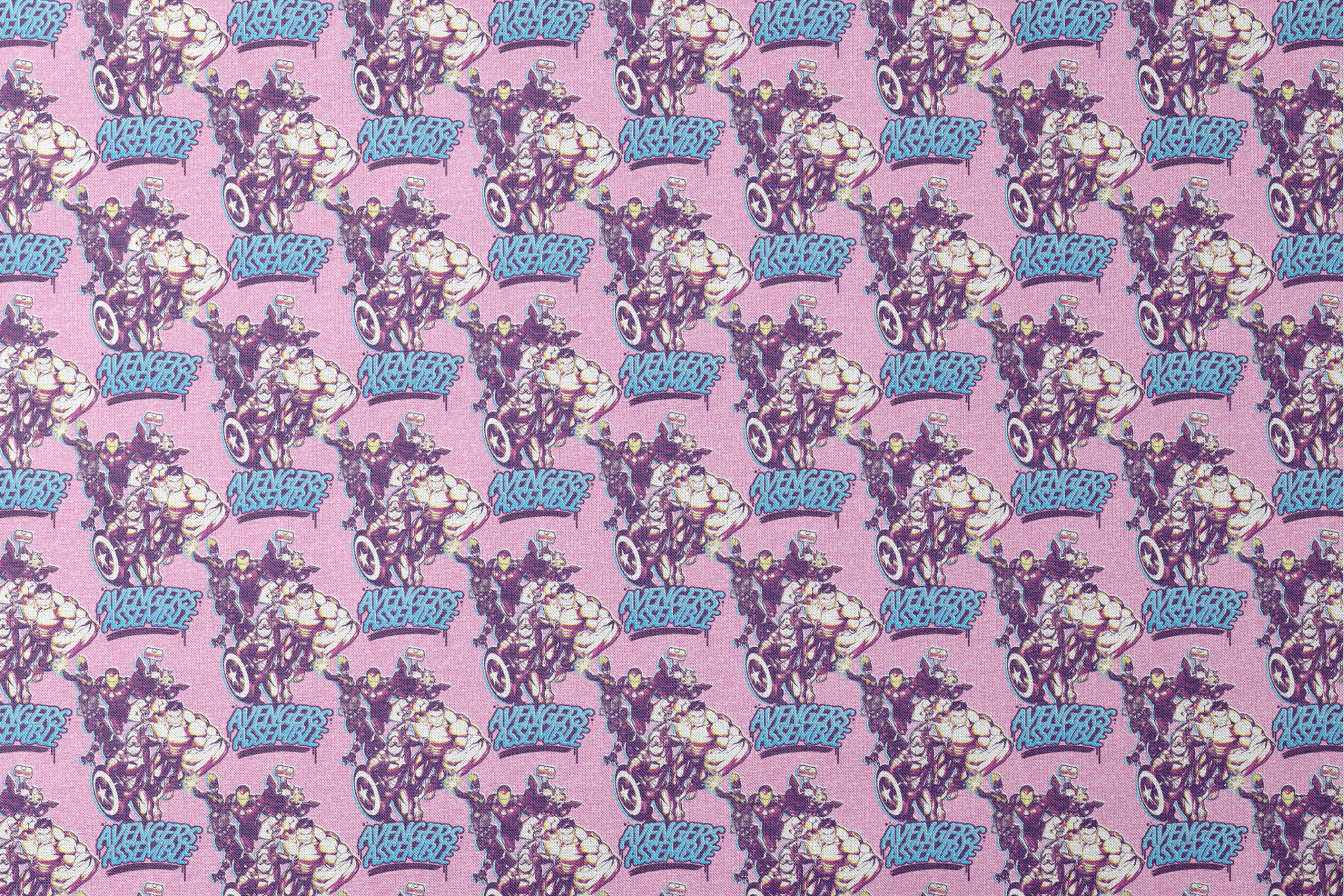 Avengers comic book characters pattern on purple background with "Avengers Assemble" text designs flat mockup