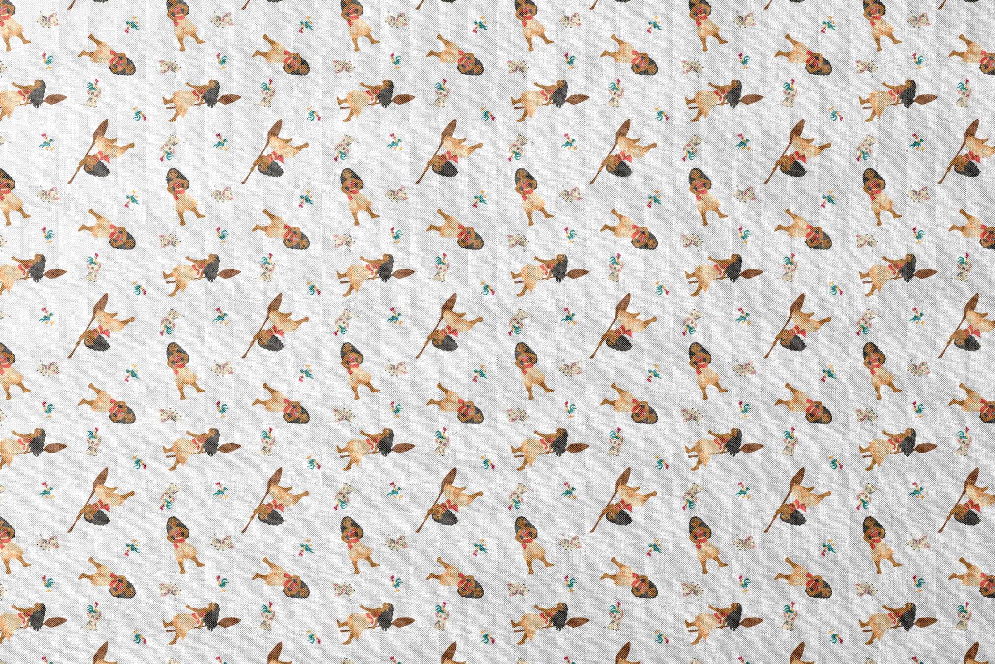 Moana pattern on white background with colorful cartoon animals in repeating design designs flat mockup