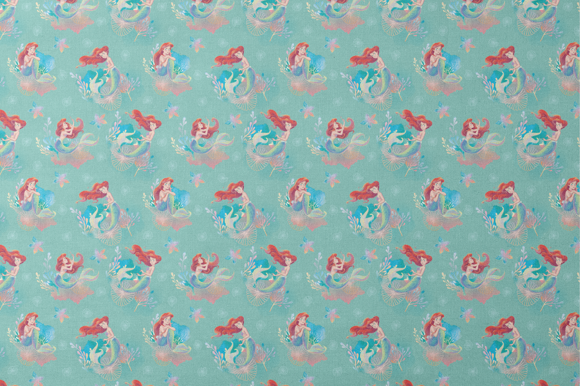 Whimsical teal pattern featuring mermaids with red hair, seashells, starfish, and coral in pastel colors designs flat mockup