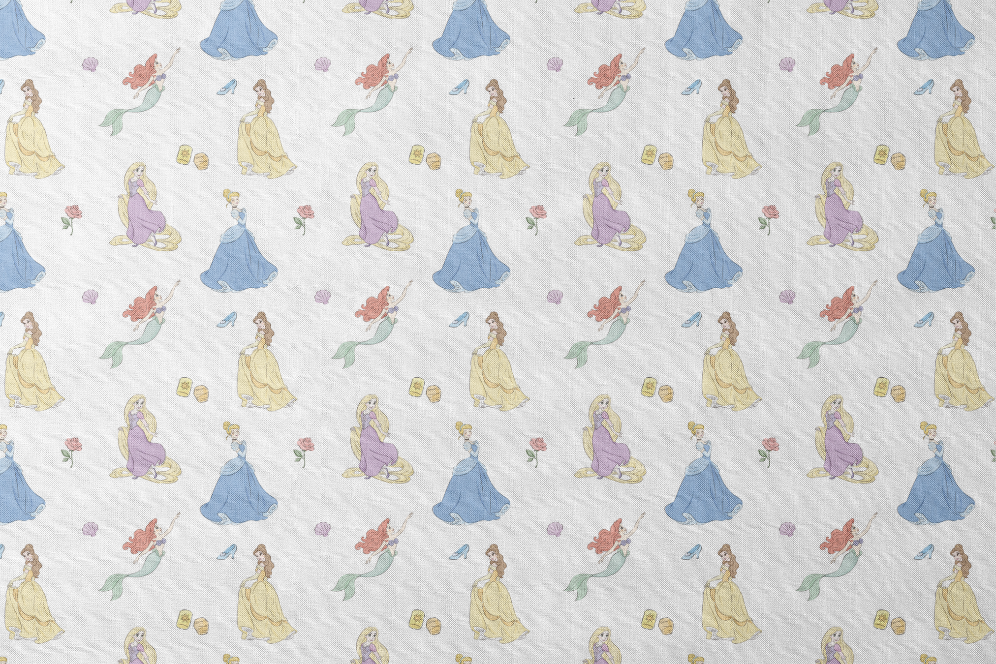 Disney princesses pattern with yellow gown, mermaid with tail, purple dress, roses and shells on light blue background. designs flat mockup
