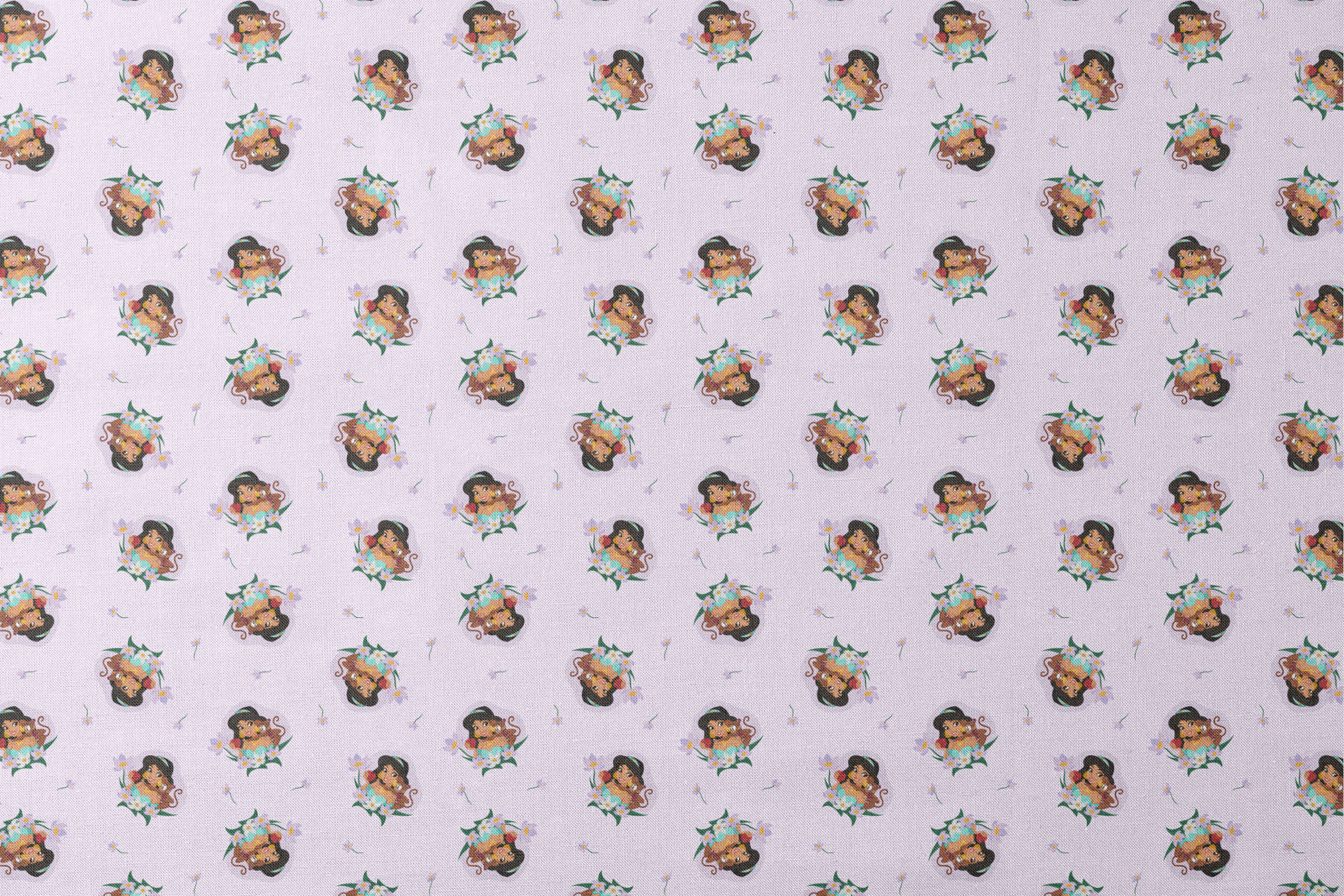 Cartoon pattern of Princess Jasmine with tiger cub surrounded by flowers on light pink background designs flat mockup