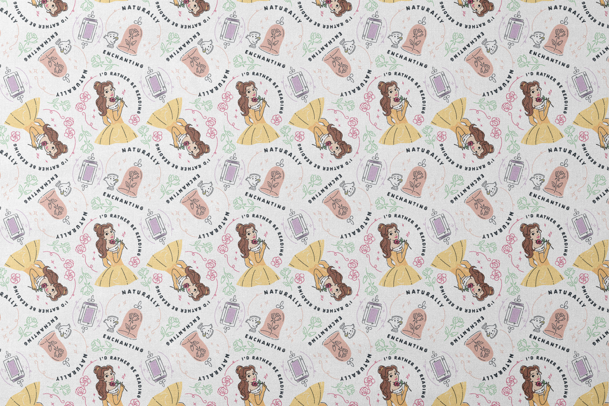 Pattern of cartoon princess in yellow dress with roses, perfume bottles, and phrases like "Enchanting" and "I'd rather be dreaming designs flat mockup