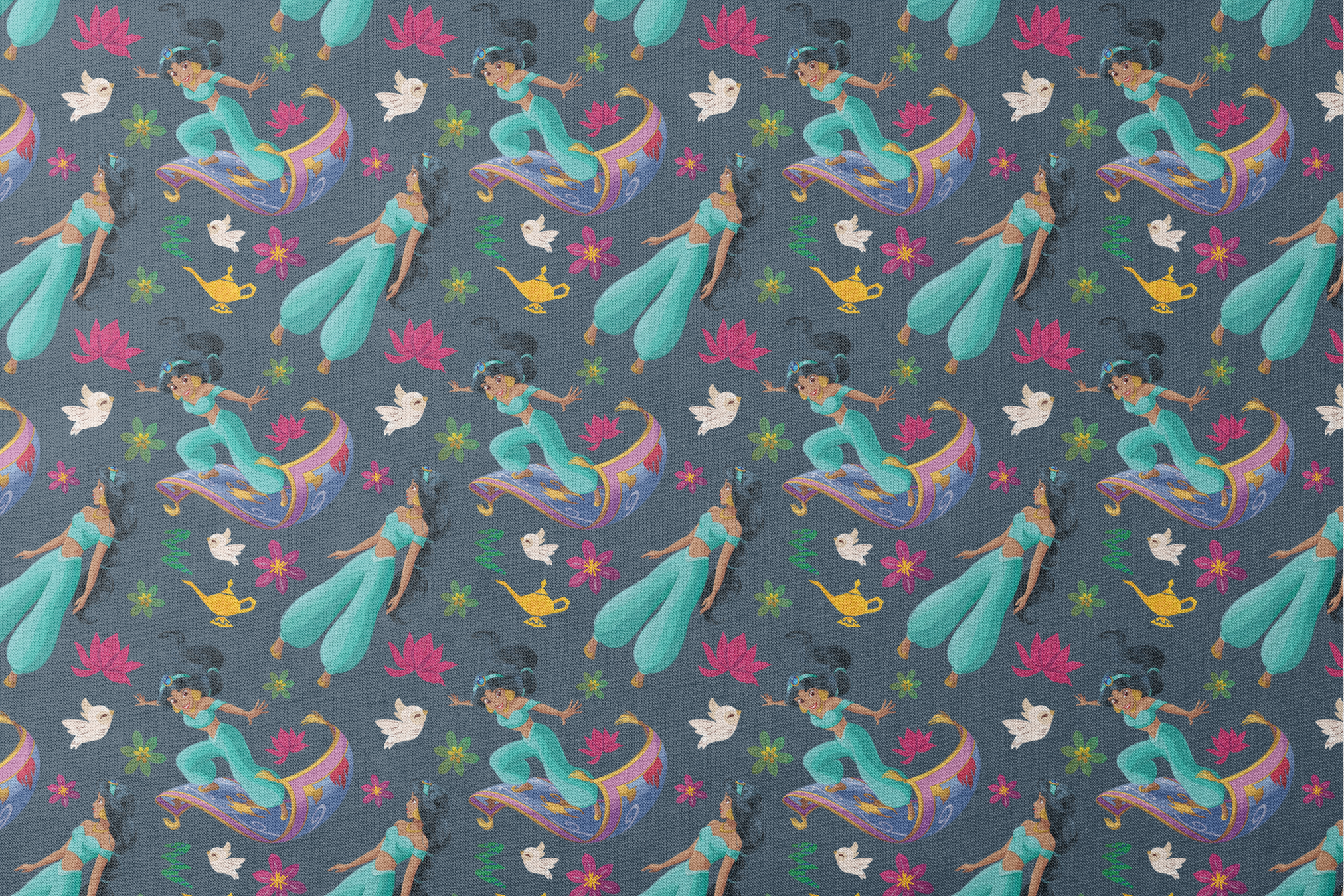 Animated characters in turquoise outfits flying on magic carpets with white doves, lotus flowers, and a golden lamp against dark background. designs flat mockup