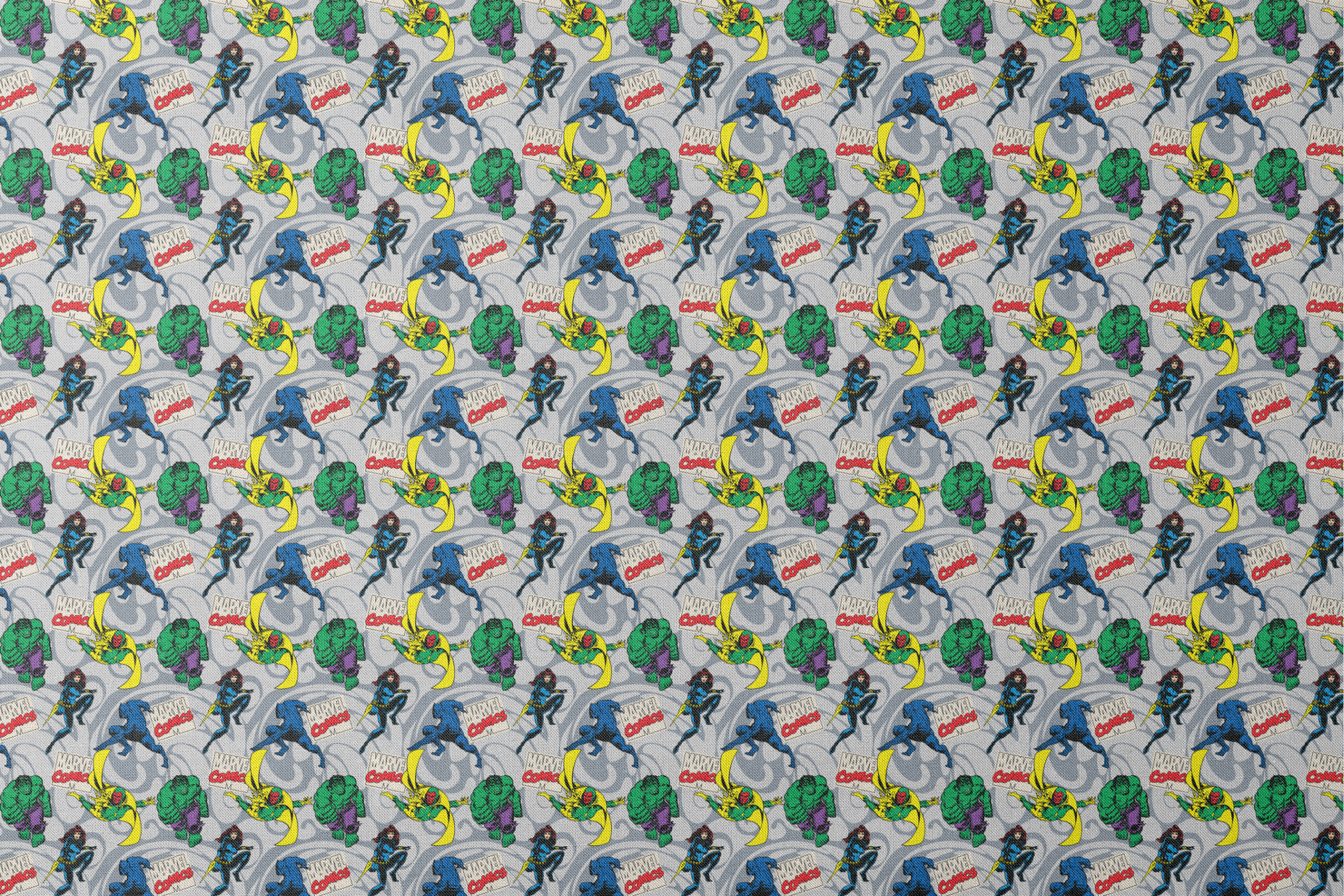 Marvel Comics characters including Hulk, Vision, and other superheroes on a gray background with Marvel Comics logos designs flat mockup