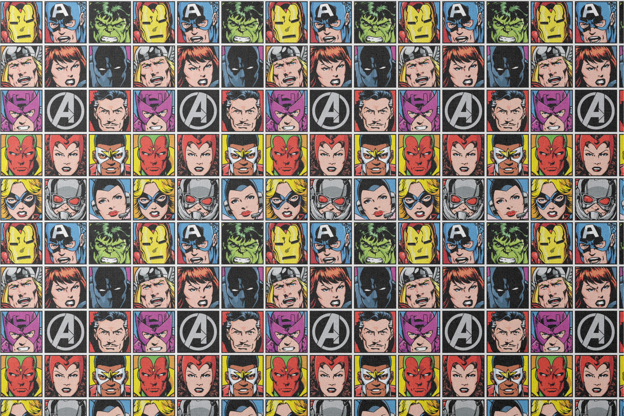 Marvel Avengers character portraits in comic style grid with colorful backgrounds showing superheroes and their iconic looks. designs flat mockup
