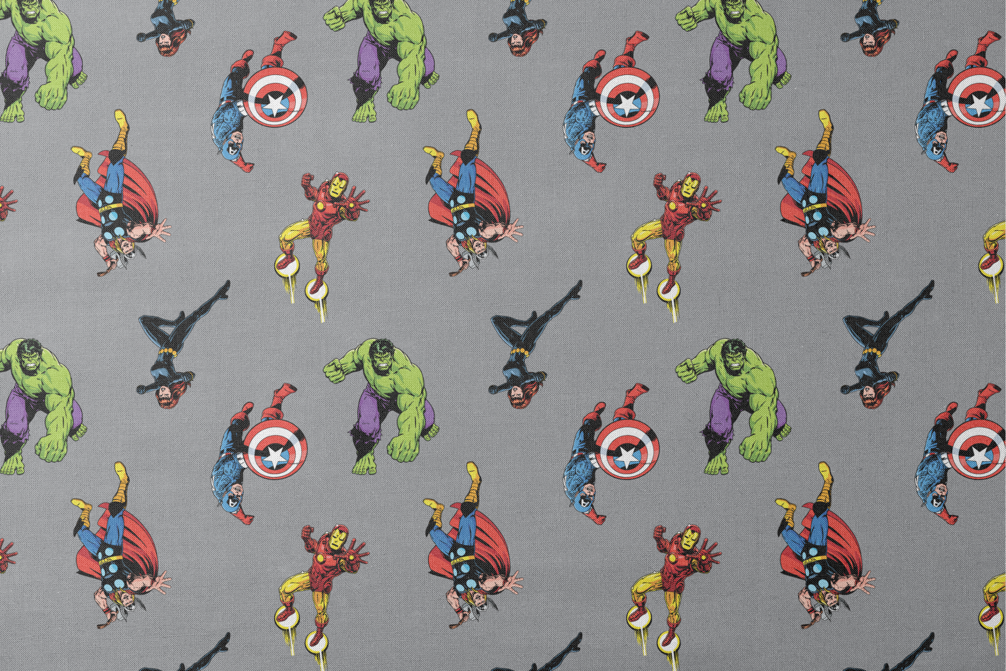 Marvel superheroes pattern with Hulk, Thor, Captain America, and Iron Man on gray background designs flat mockup