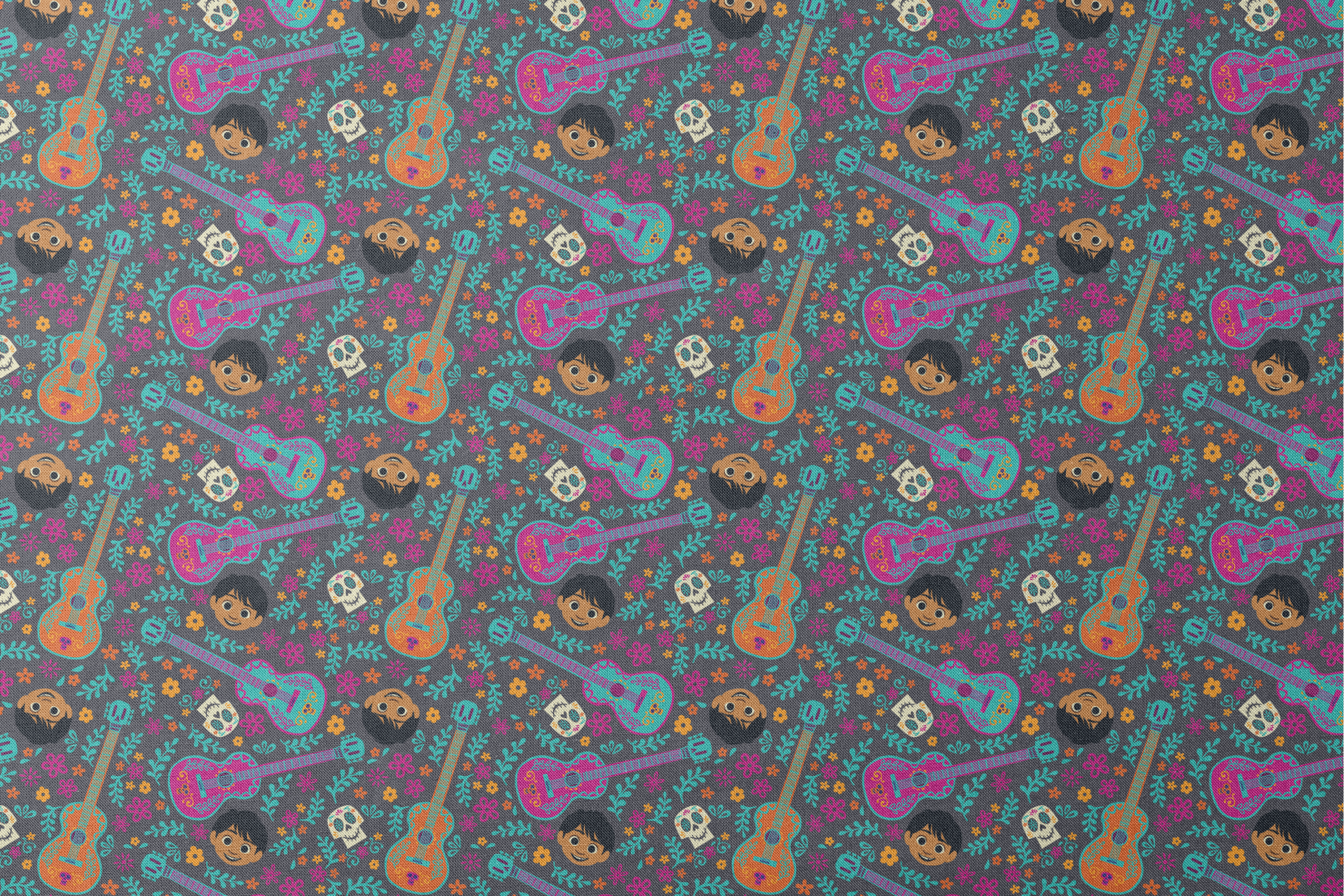 Colorful Coco pattern with decorative guitars, sugar skulls, cartoon characters, and floral elements on teal background. designs flat mockup
