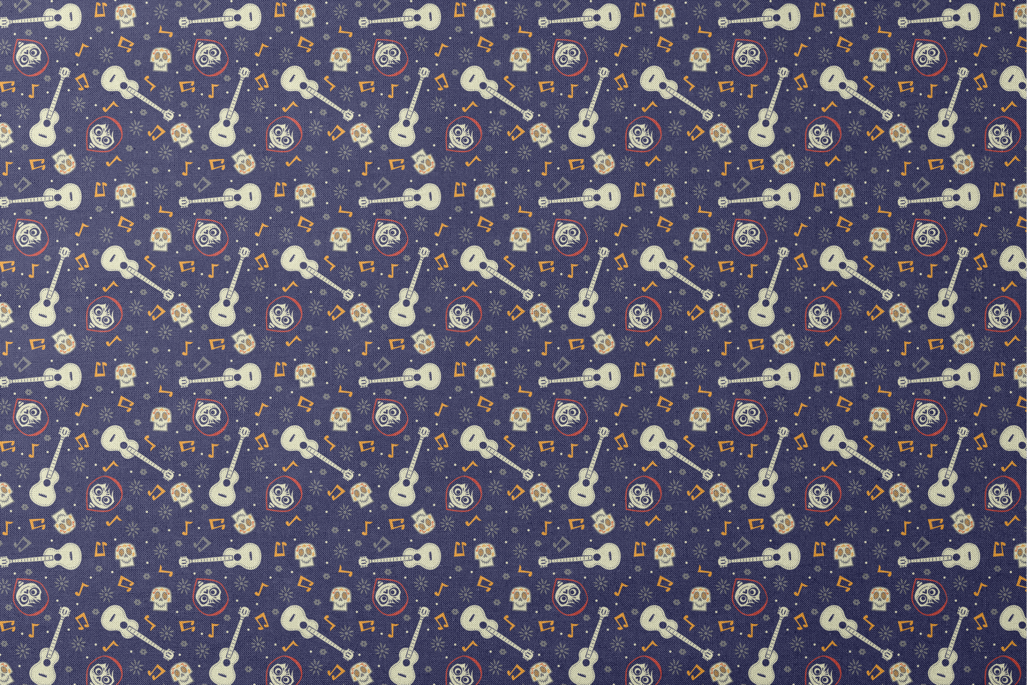 Coco dark blue pattern with white acoustic guitars, decorative skulls, orange musical notes, and circular designs scattered across a starry background. designs flat mockup