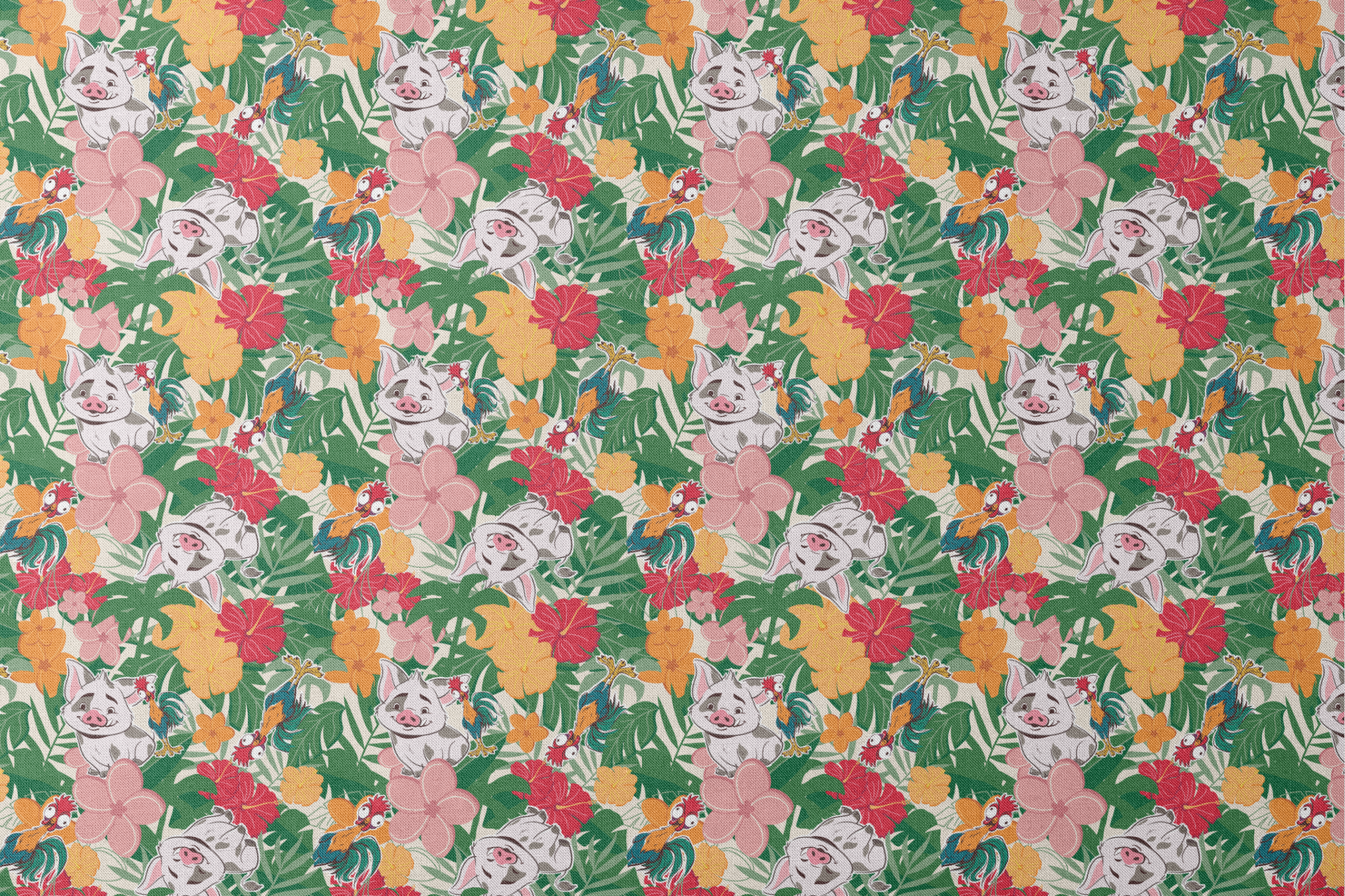 Cartoon pigs peeking through vibrant tropical flowers in red, orange, yellow, and pink among green foliage designs flat mockup