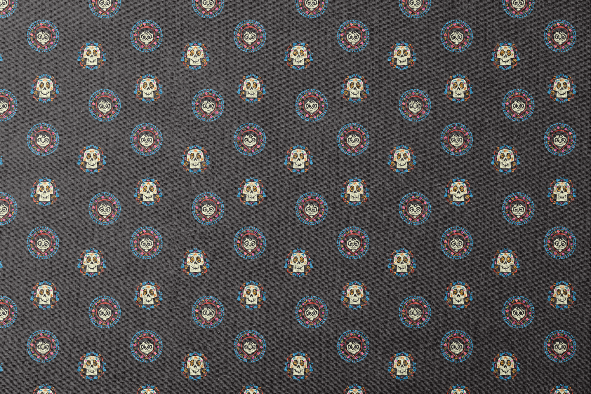 Colorful Coco sugar skull pattern with decorative circular borders on black background designs flat mockup