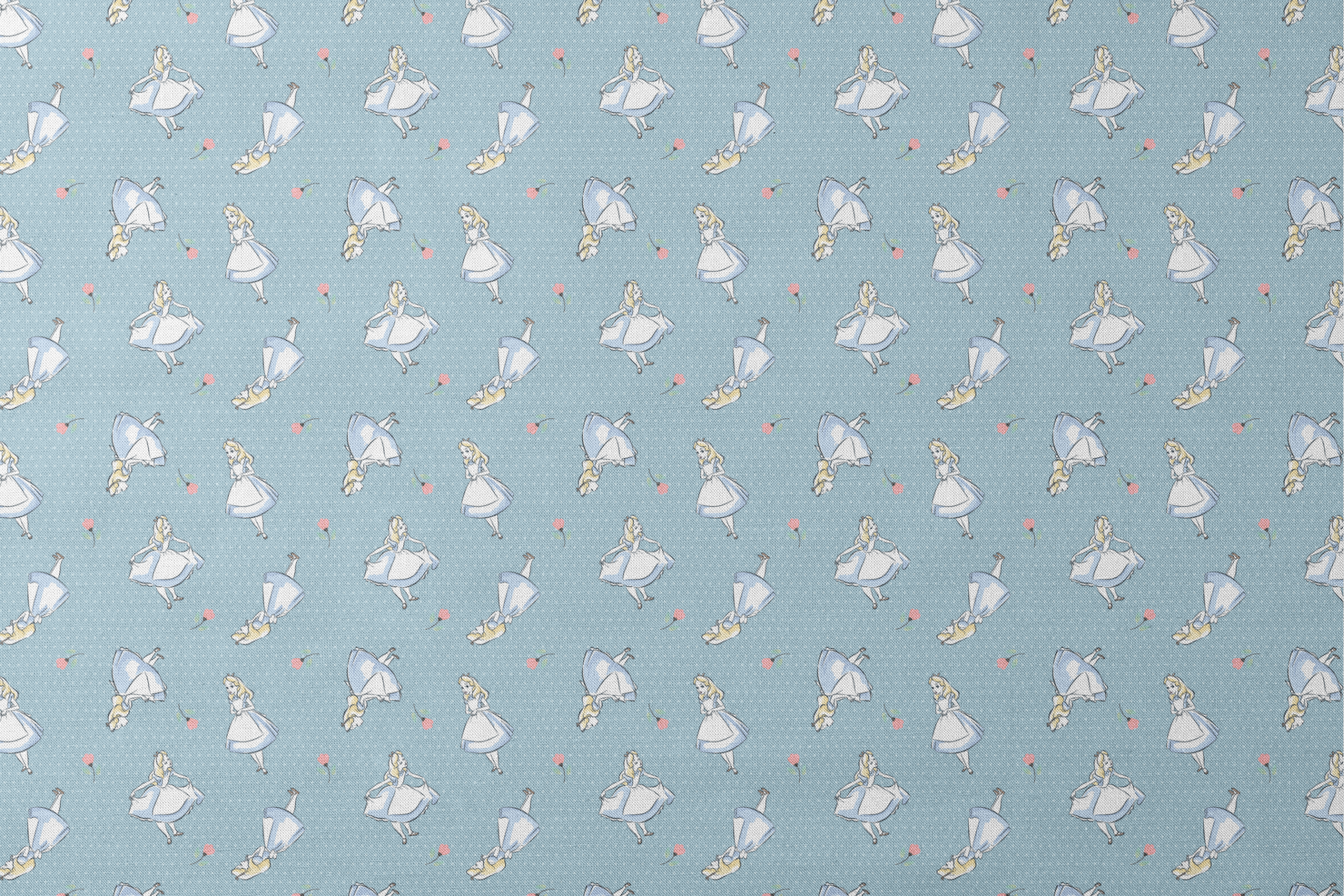 Blue polka dot pattern with illustrated characters in blue dresses and small pink flowers scattered throughout. designs flat mockup