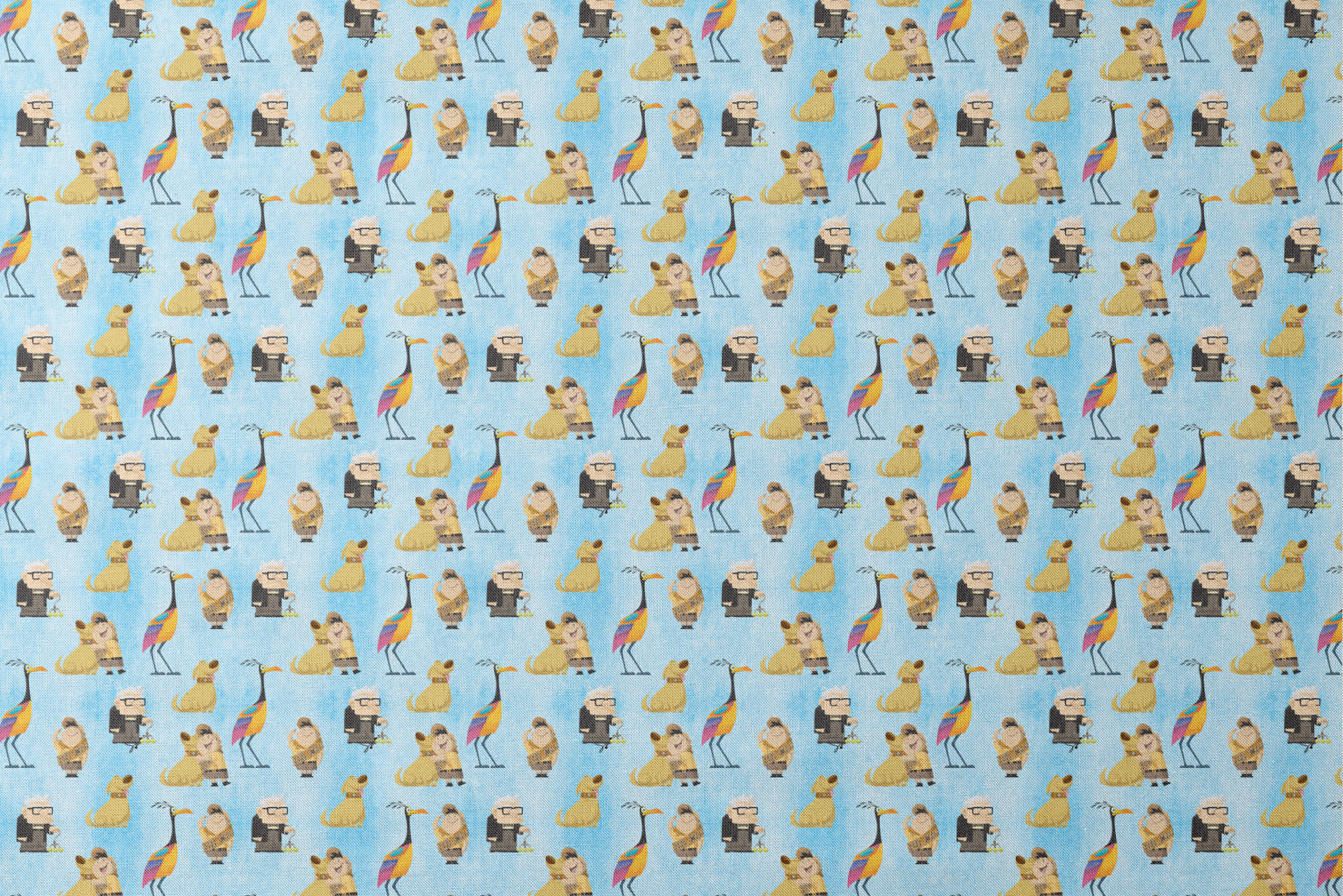 Colorful Up-inspired pattern with cartoon characters including elderly man, explorer, golden dog, and tropical bird on light blue background designs flat mockup