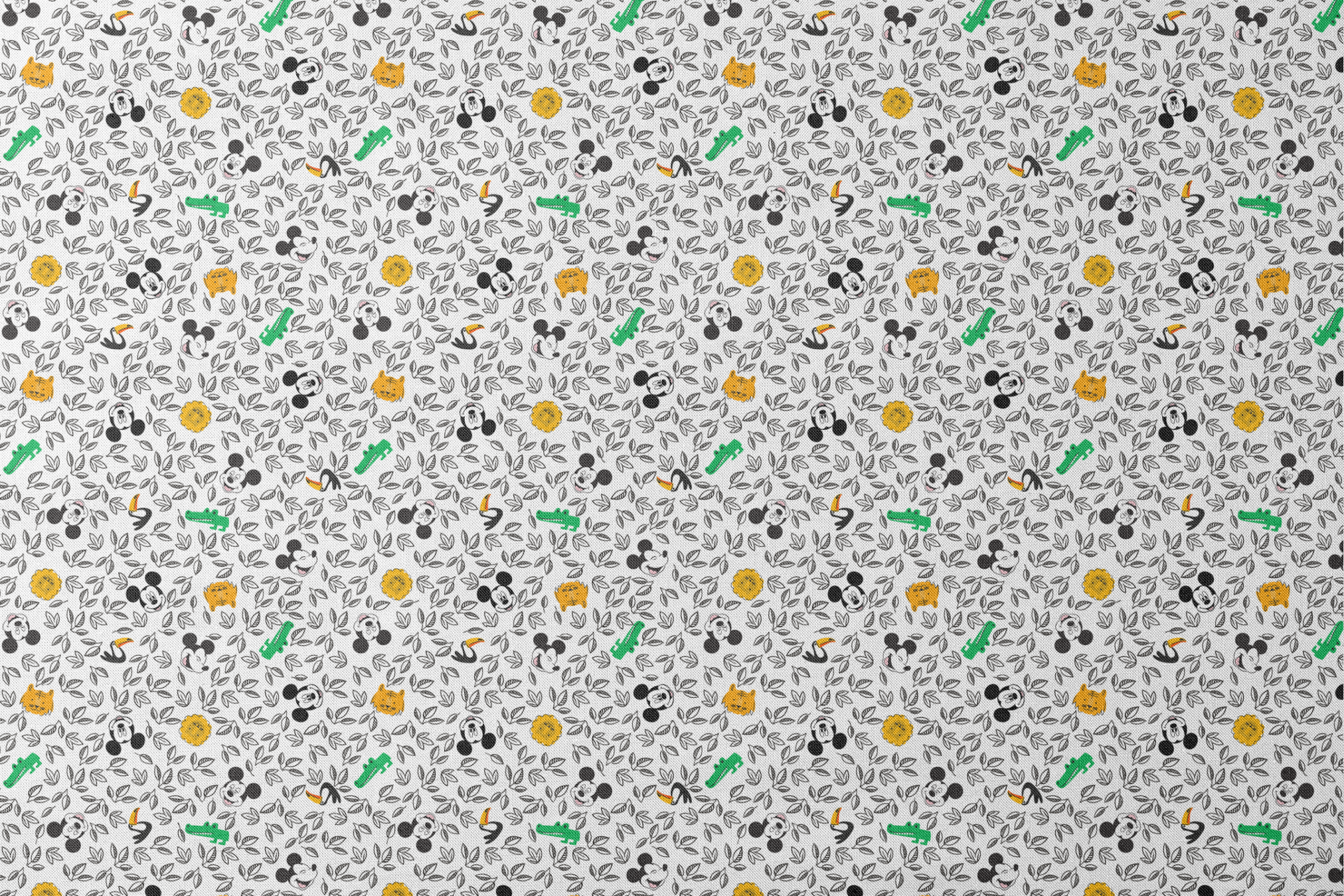 Pattern of cartoon Mickey Mouse silhouettes with yellow honeycomb, green bamboo, and black and white leaves designs flat mockup