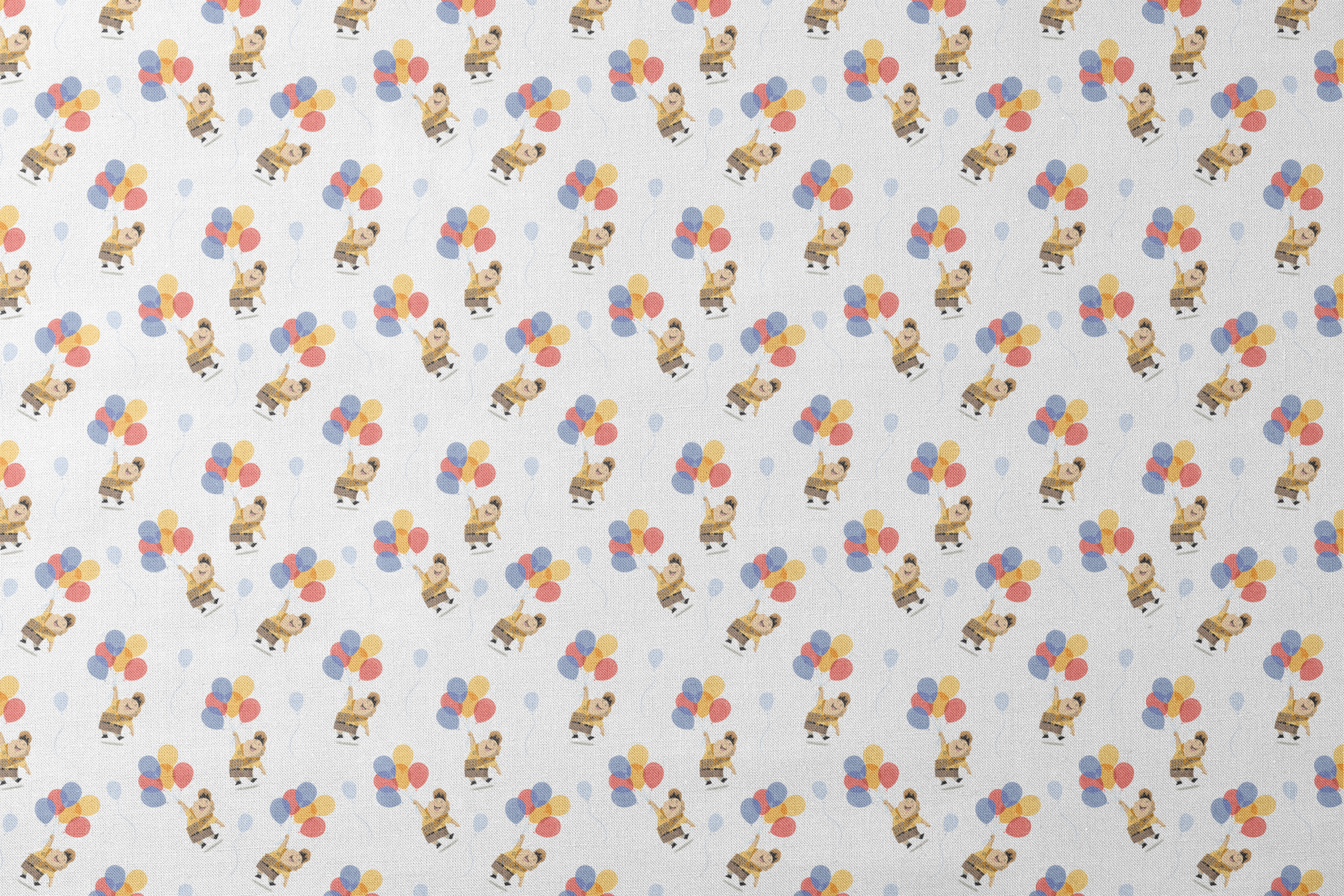 Up's Russell in explorer outfit floating with colorful balloons on white background pattern designs flat mockup