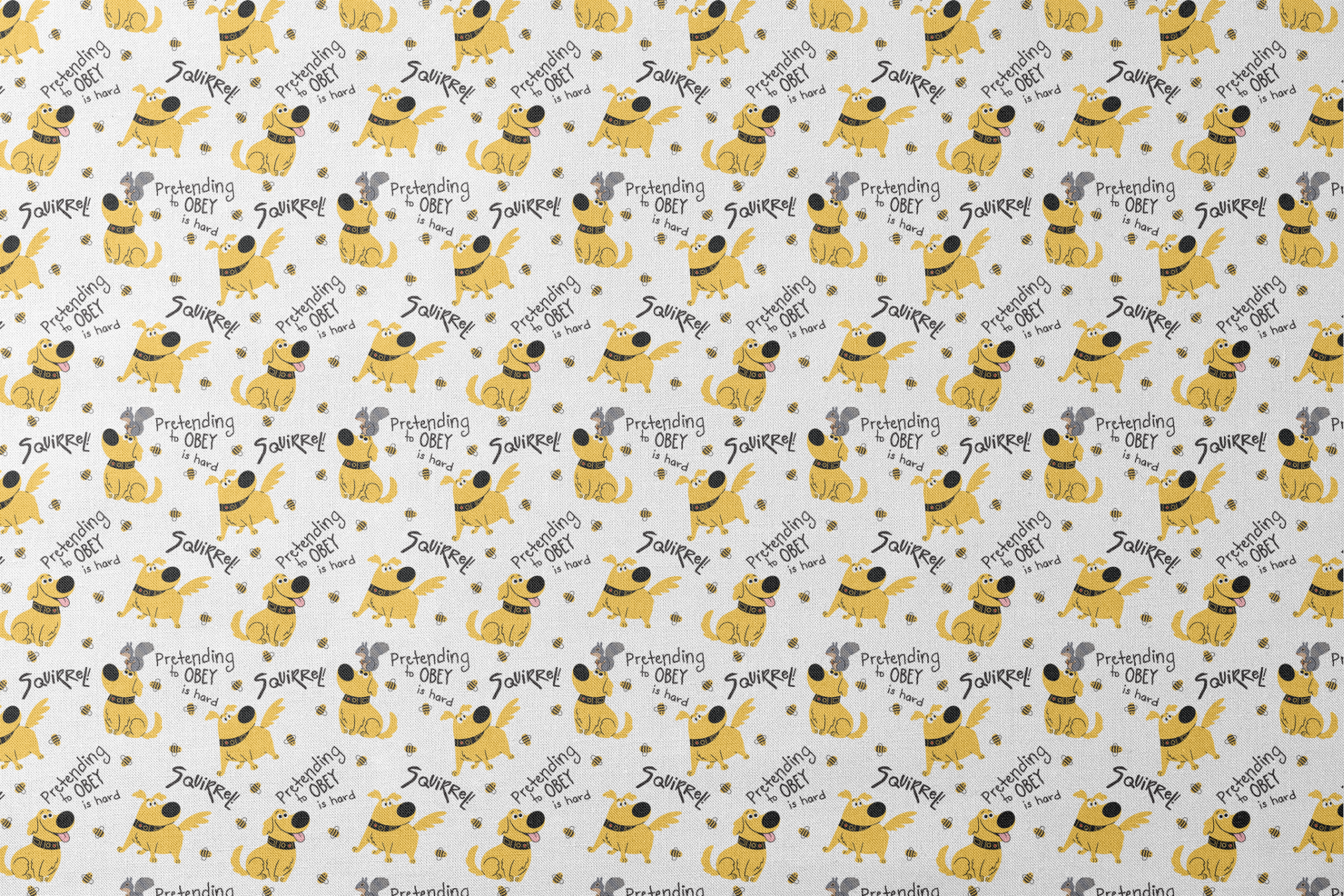 Cartoon Up-inspired dog with wings chasing bees, text "Pretending to OBEY is hard" and "SQUIRREL! designs flat mockup
