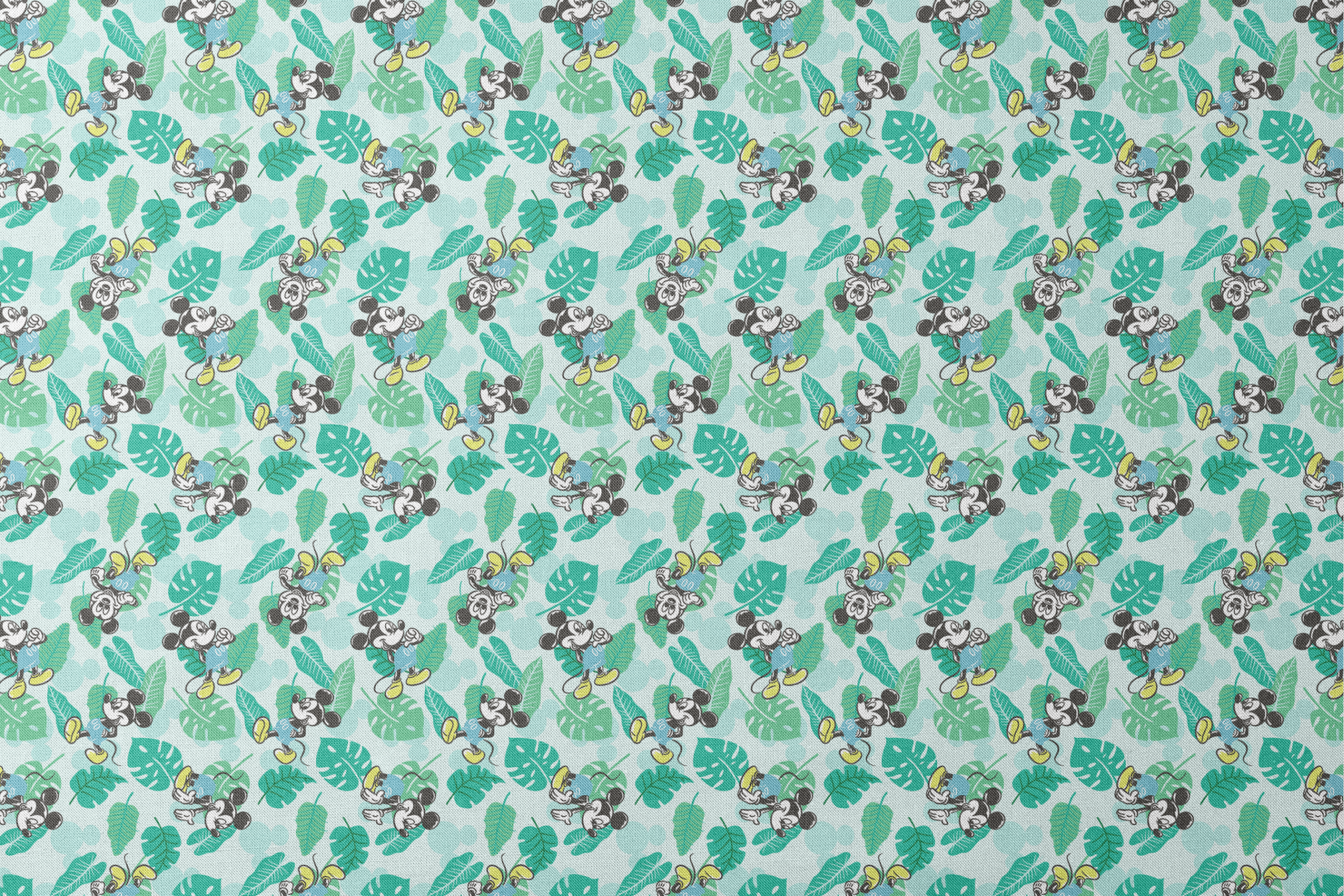 Colorful pattern with cartoon mice characters and tropical green leaves on a light blue background designs flat mockup