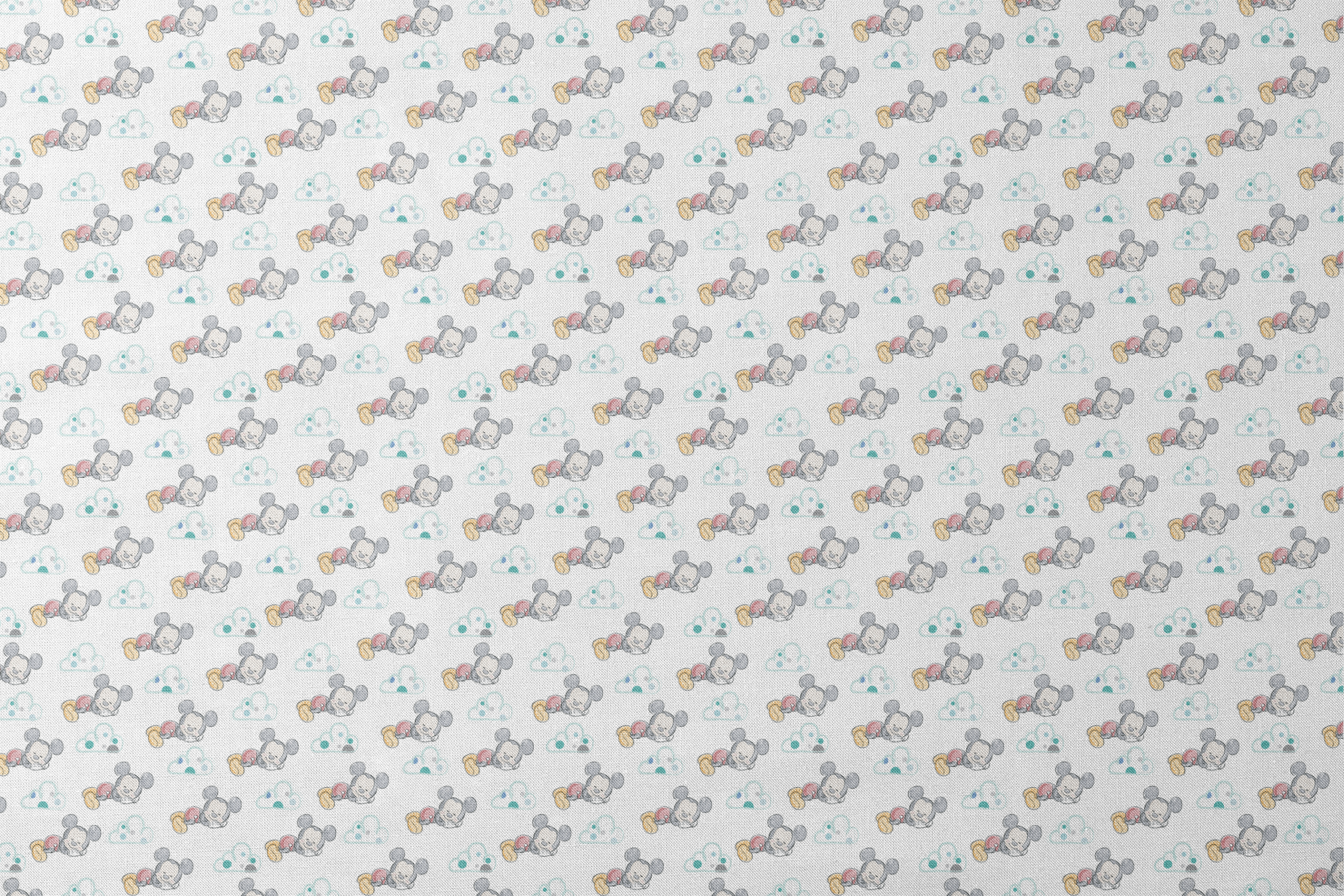 Cute cartoon mouse characters sleeping peacefully on white background with mint green clouds pattern designs flat mockup